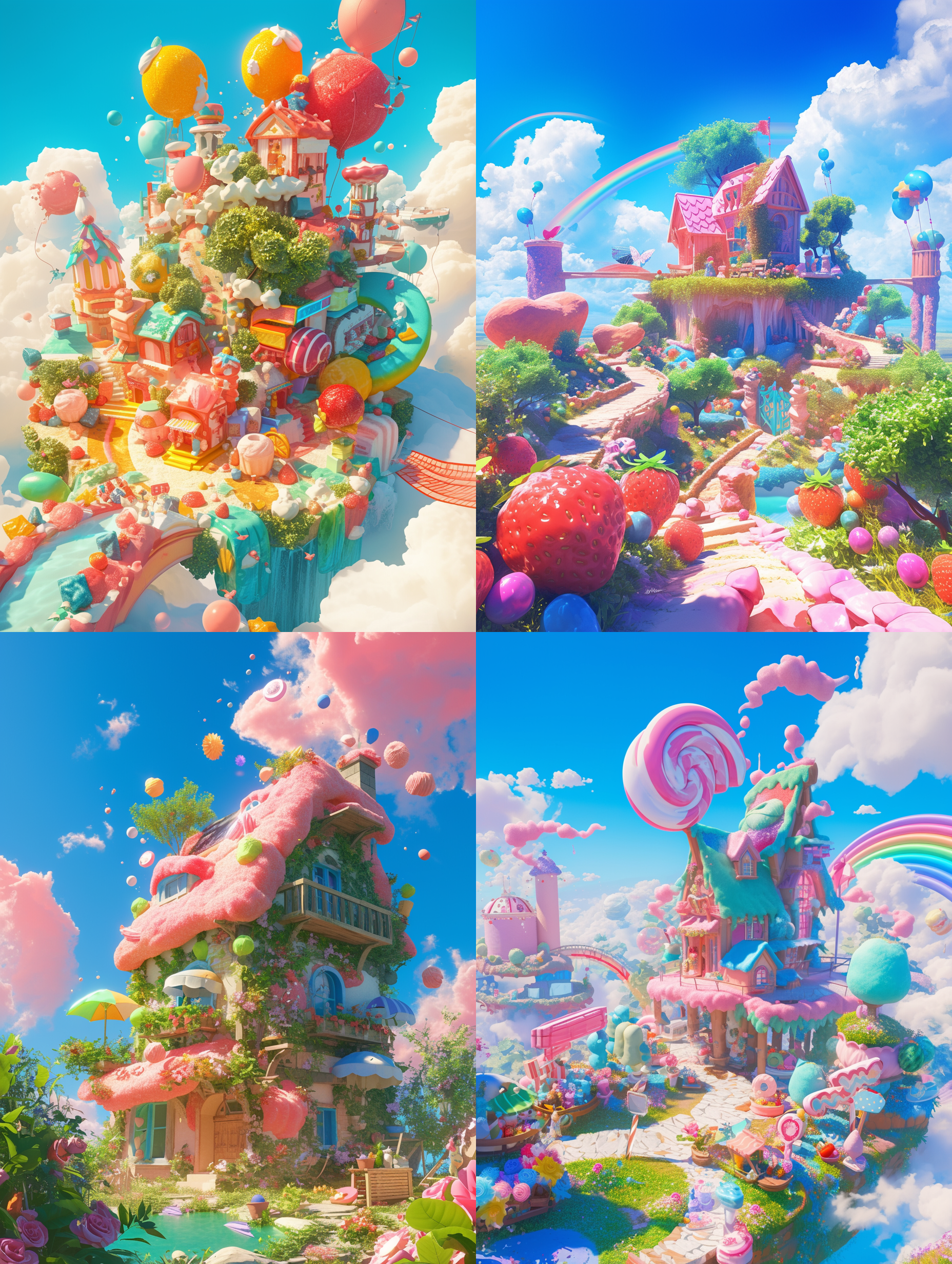 棉花水果屋、爱的云彩、一些西瓜、dennis schinick 的七彩阳光、 艺术站趋势、小女孩和男孩玩耍、c4d、8k、超广角镜头、童话故 事、糖果屋、kuno veeber 的水晶宫、传单、阳光 , trending on artstation,c4d,8k,超广角,童话,糖果屋,棉花糖云,彩虹,3dunity,fhd,