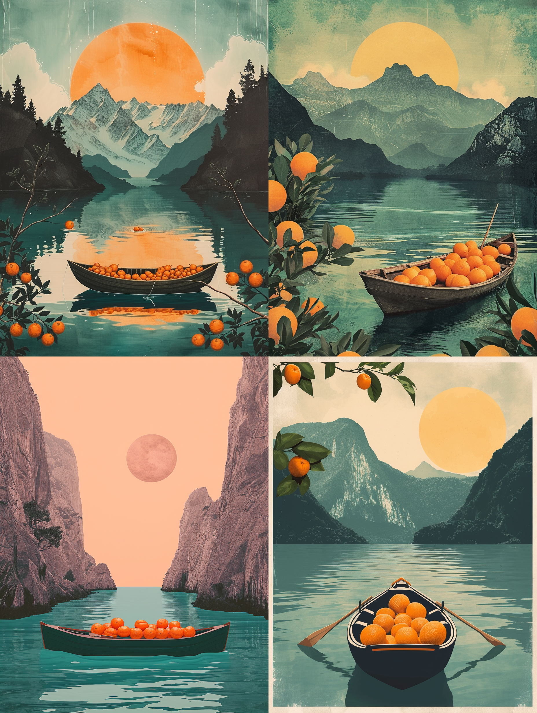 a poster with a boat in the middle of a body of water with oranges on it and a mountain in the background, poster art, neo-romanticism, trending on art station, adrian zingg