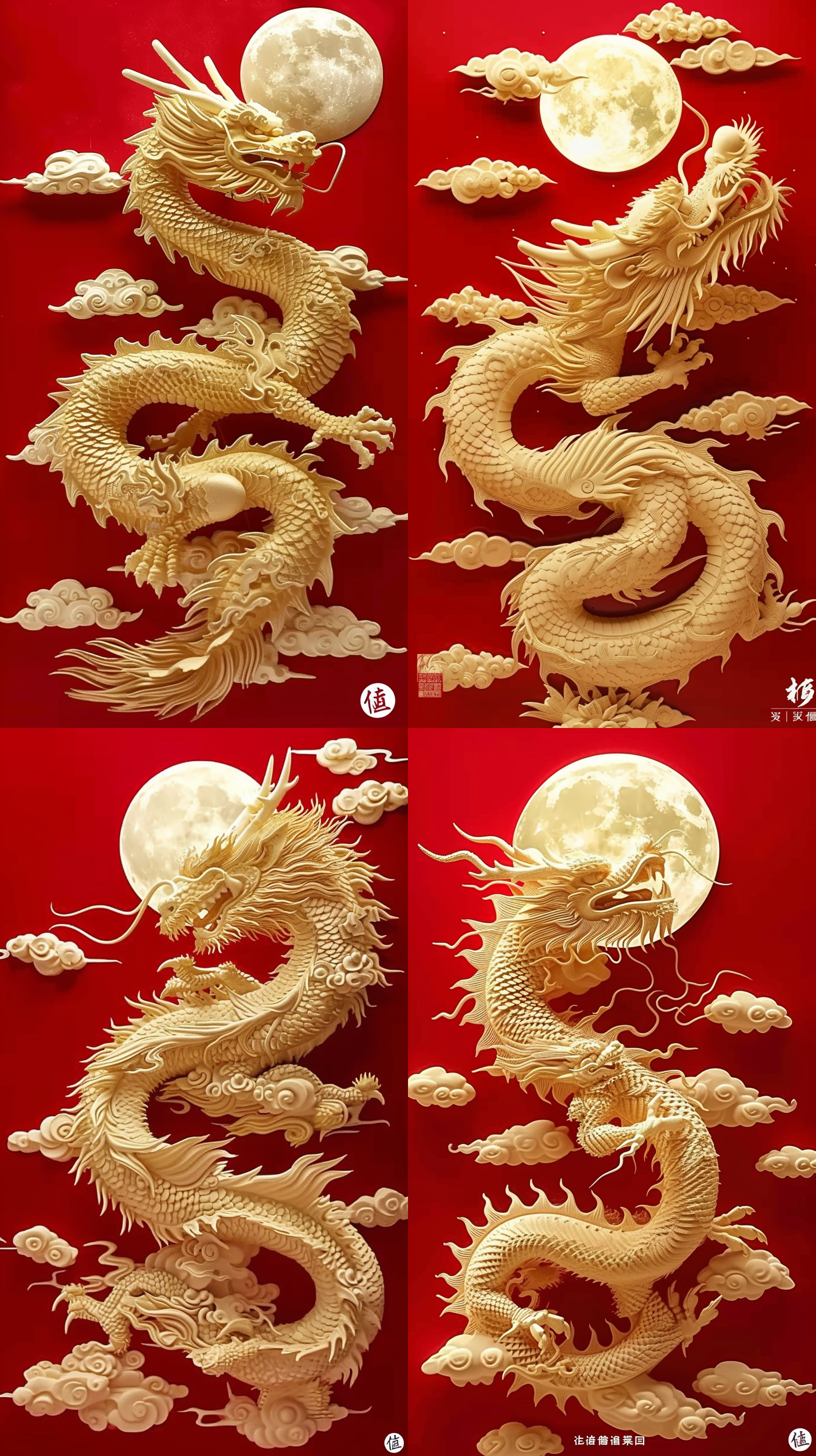 a golden dragon statue on a red background with clouds and a full moon in the background with the words, ` ` `, an airbrush painting, cloisonnism, intricate detail, ai weiwei