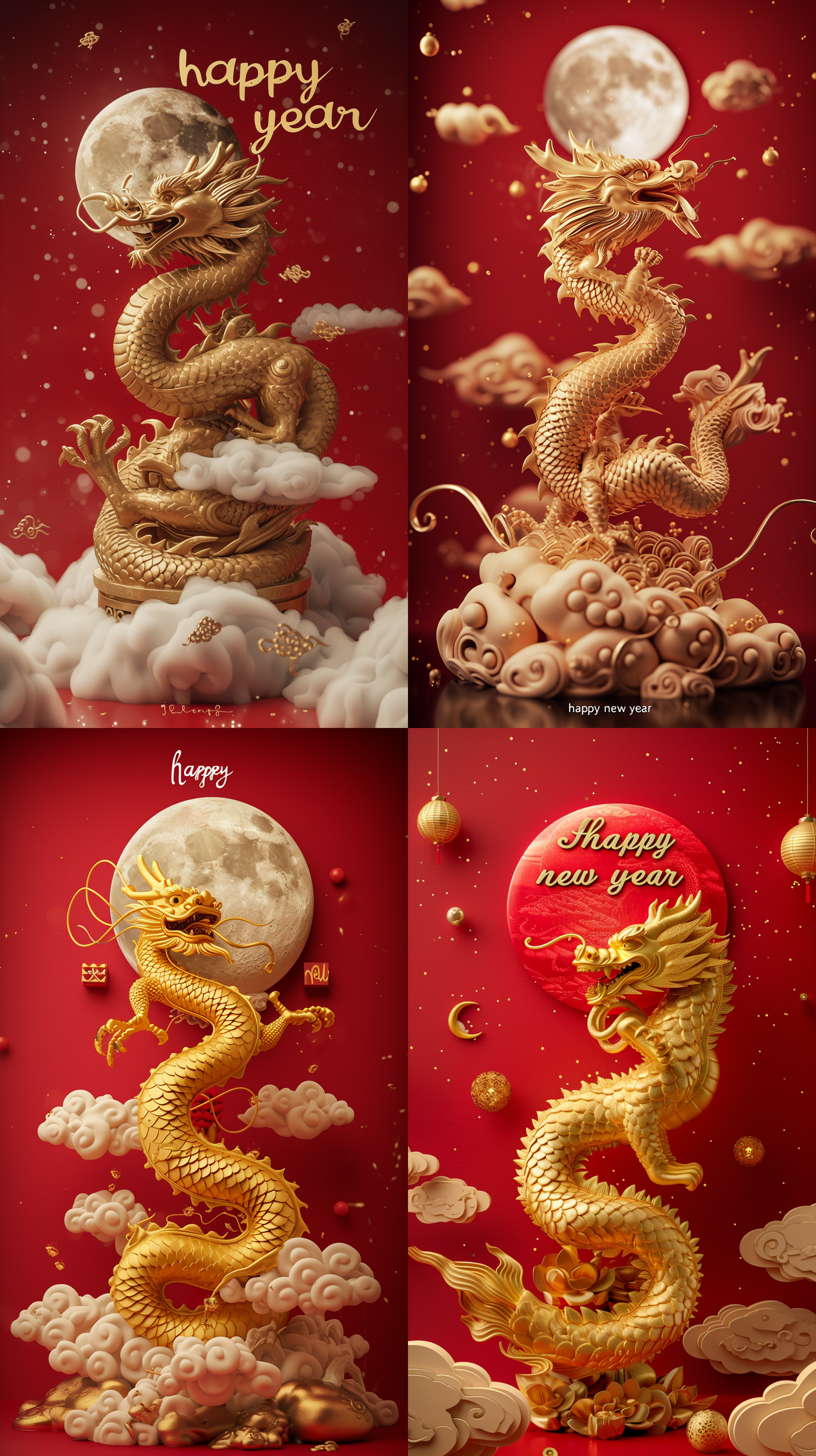 a golden dragon statue on a red background with clouds and a full moon reading "happy new year", a spray gun painting in cloisonne style, complex details, gold material, dreamy cloud and mist details, super realistic, surrealistic, uhd, 8k, video shooting, leica lens