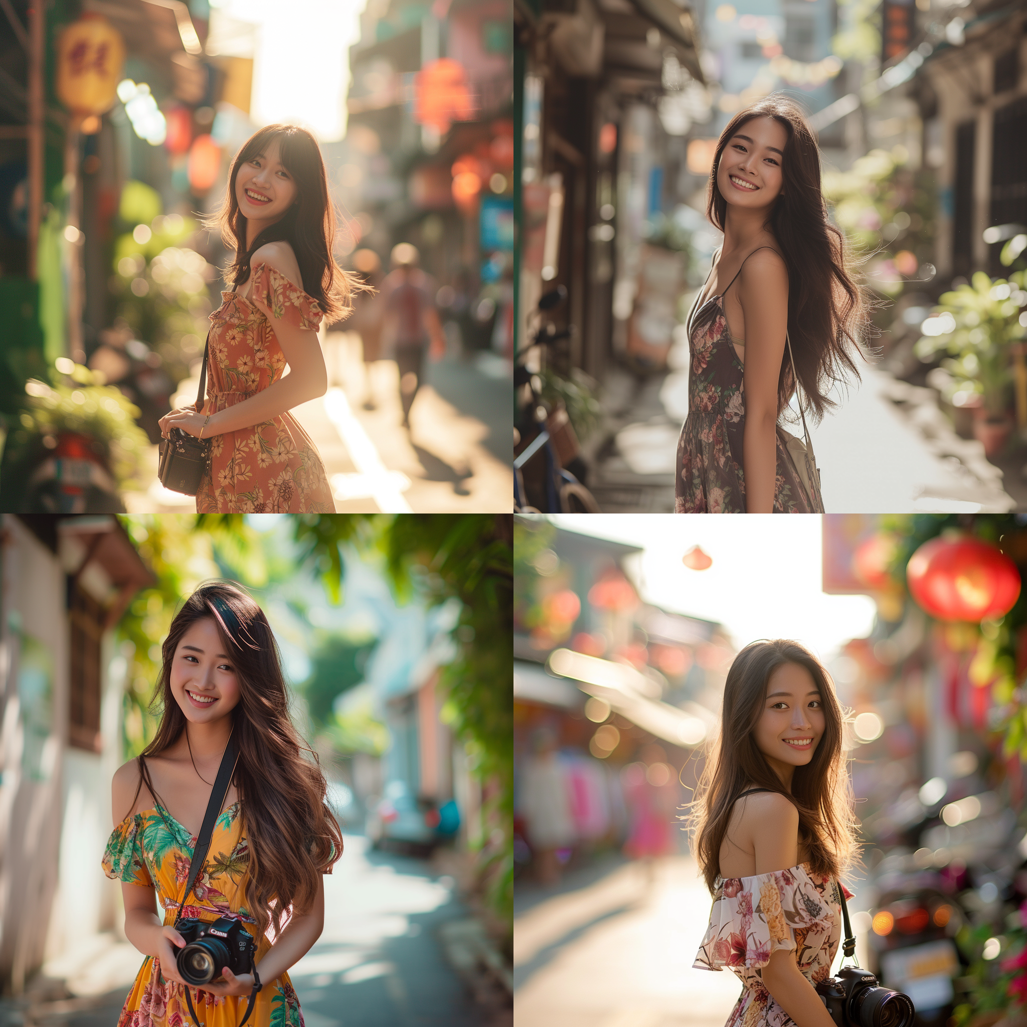 prompt. 亚裔女性，热带城市，连衣裙，长发，复古风格，城市街景，佳能相机，阳光，明亮色彩，a字裙，长款，背景虚化，自信微笑。