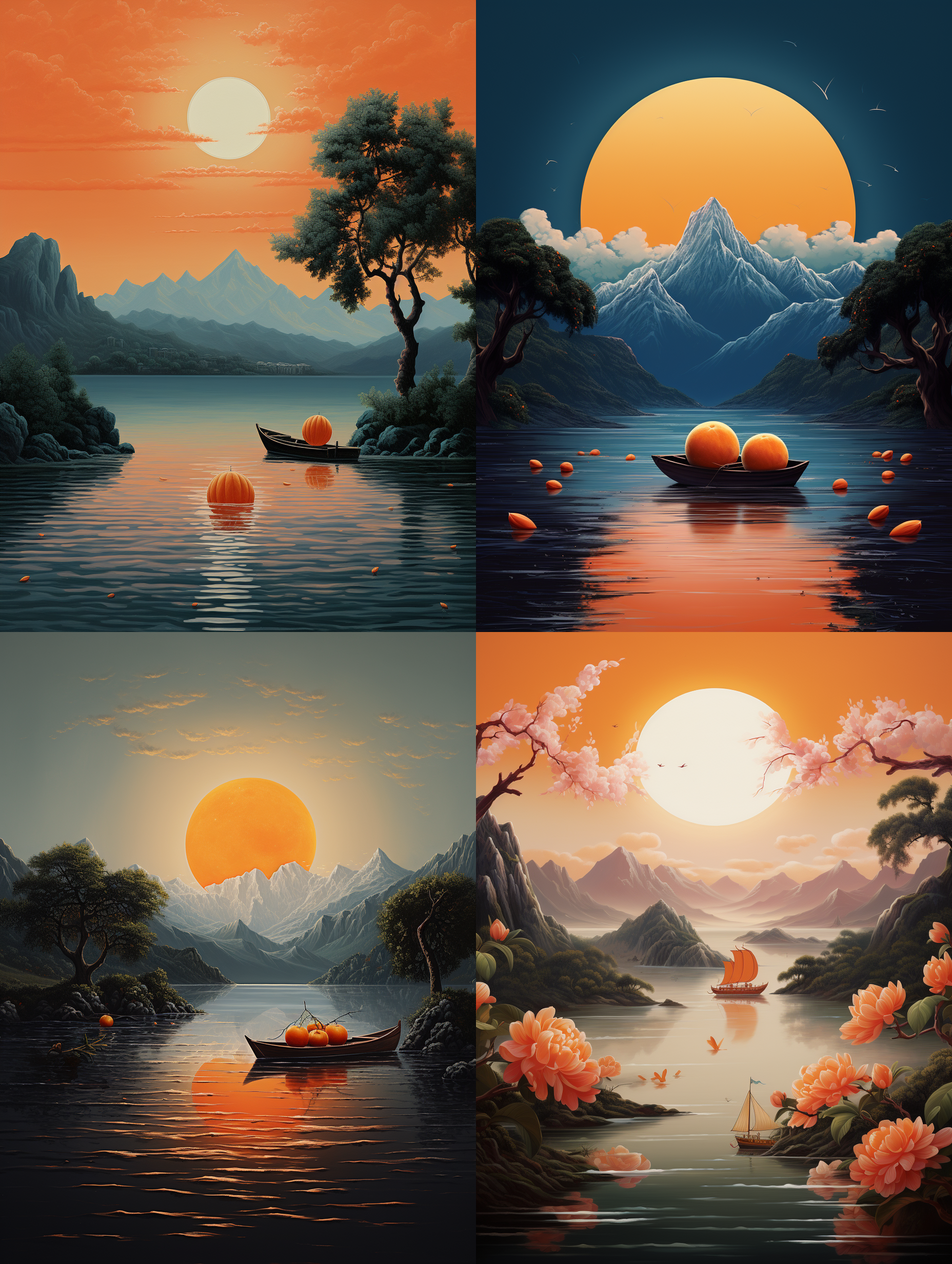 a poster with a boat in the middle of a body of water with oranges on it and a mountain in the background, poster art, neo-romanticism, trending on art station, adrian zingg