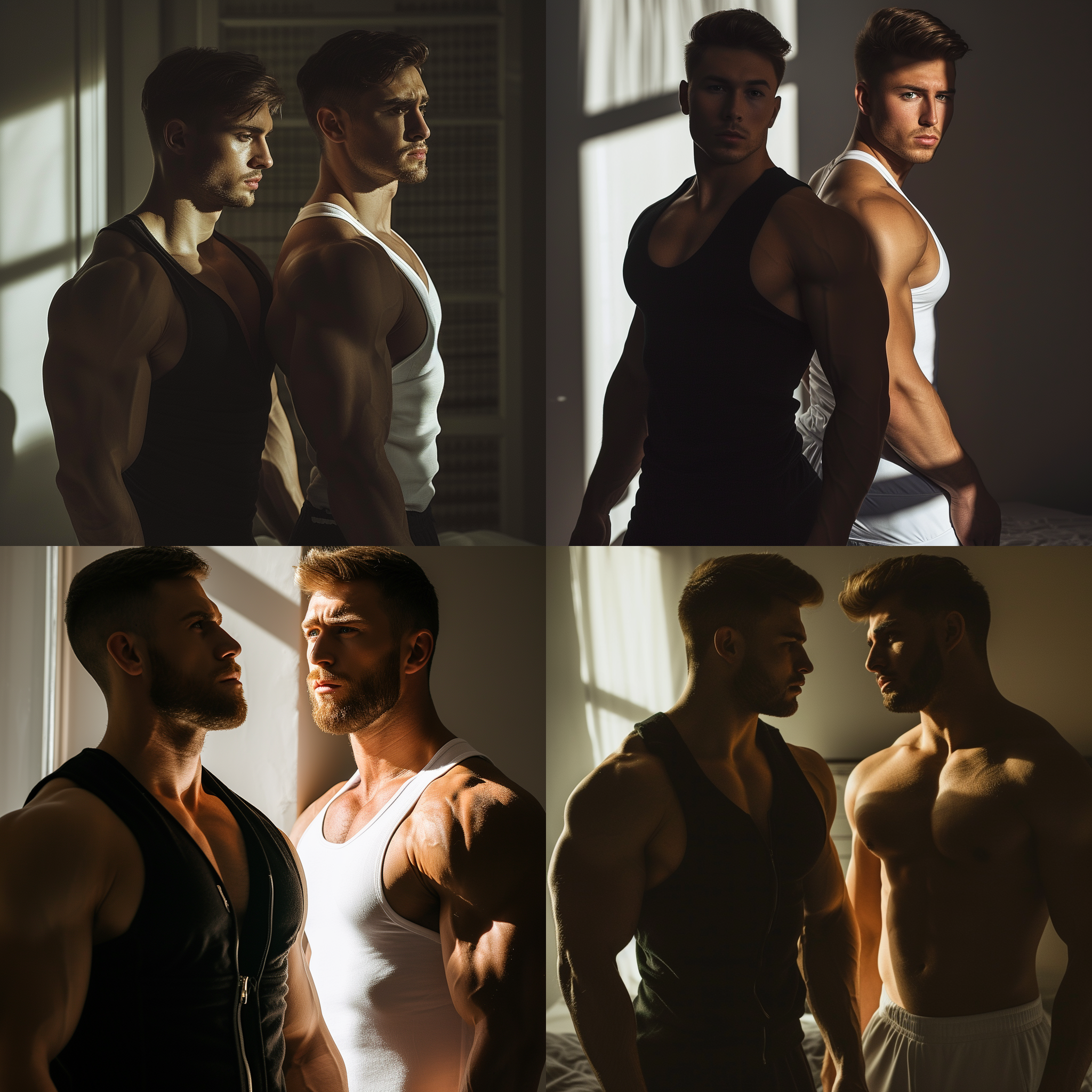 两个肌肉帅哥，卧室内。一人身穿黑色紧身背心，另一人穿着白色紧身背心。背景是简约的卧室。高光和阴影交错，突出肌肉线条。暖色调增强温馨感。快速快门捕捉到的瞬间，展现男性力量与柔情并存。