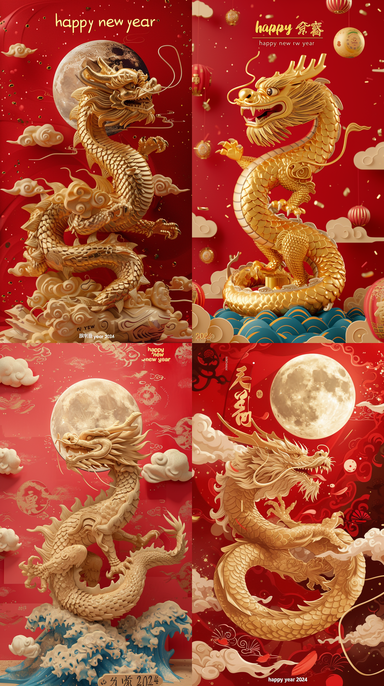 a golden dragon statue with a red background and clouds and a full moon, with the words "happy new year 2024" written on it. it features a spray gun painting, cloisonn é style, complex details, and ai weiwei