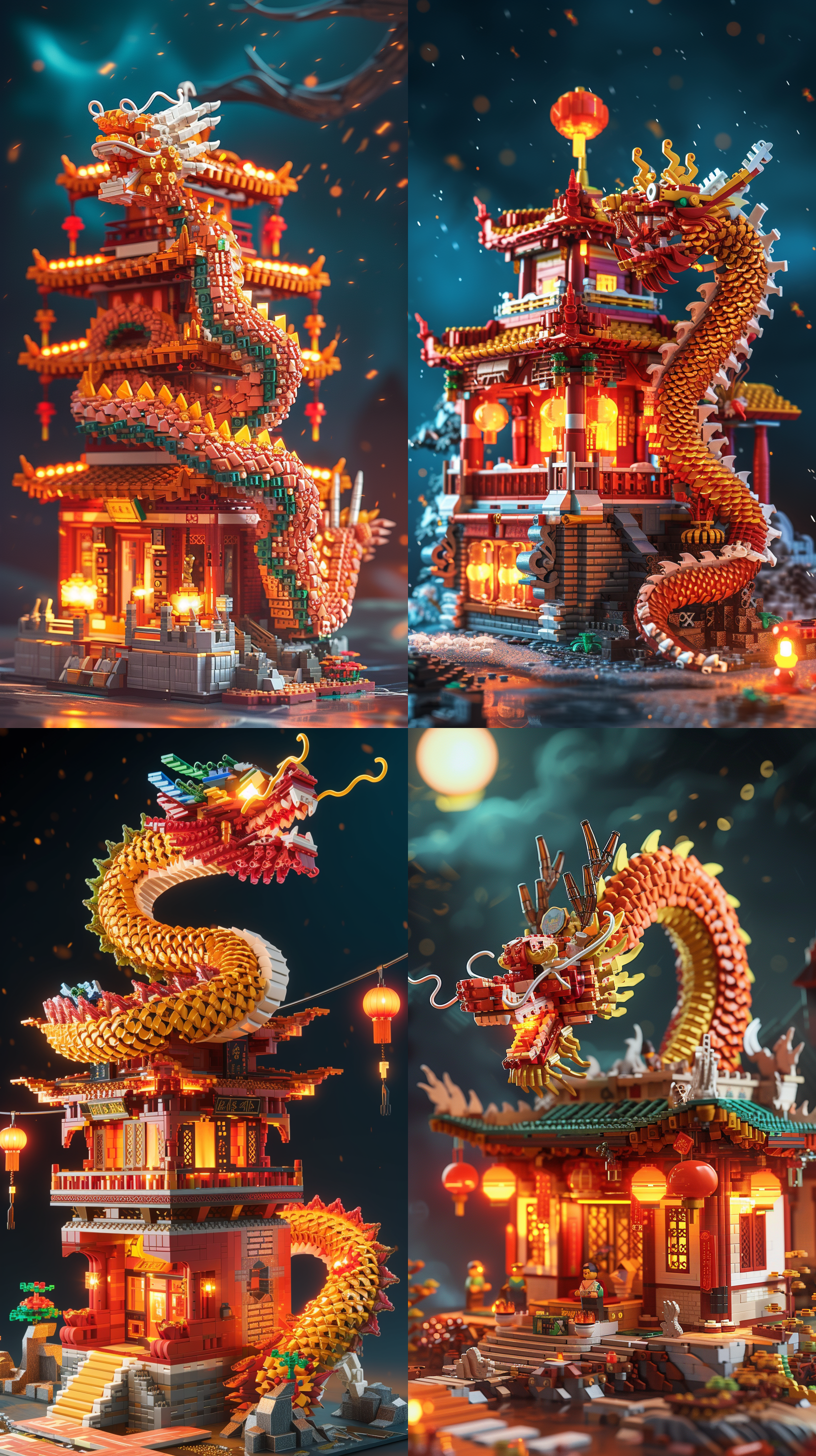 prompt. 中国龙积木玩具，像素风格，方块工艺，超级细节，超高清画质, 五彩斑斓，庄严肃穆，立体感，灯光璀璨，传统与现代，中国古代建筑，中国传统节日春节，积木玩具，极其精细和复杂的构图，超高清画质