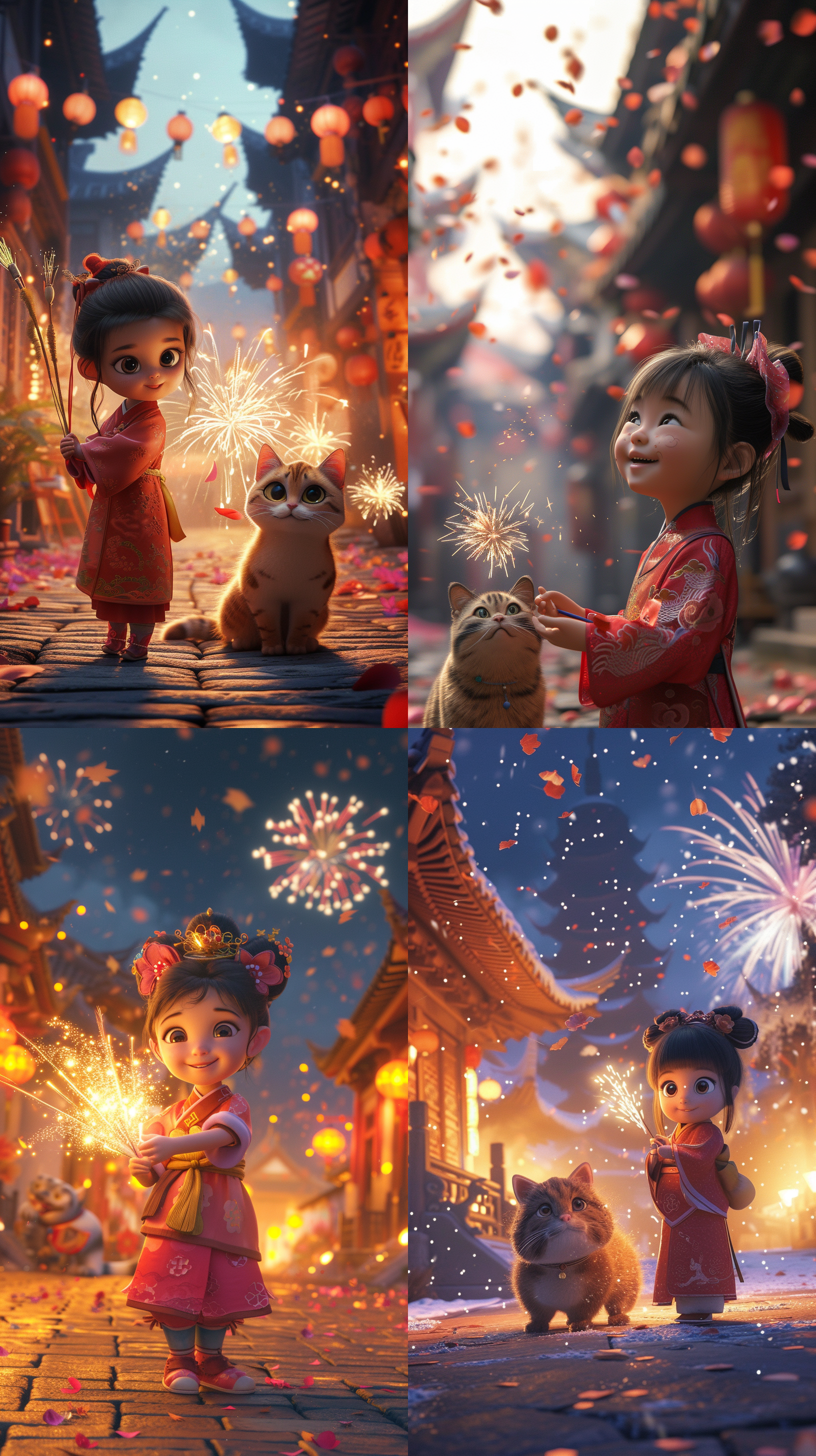 可爱的小女孩，手握烟花，汉服。身后是一只巨大的猫咪，背景是中国建筑，礼花，花瓣，春节。梦幻，可爱艺术风格，电影灯光，体积光，柔和高级色彩，pixar风格，3d，c4d，blender，写实风格，电影灯光，超高清，细节丰富，调色，32k
