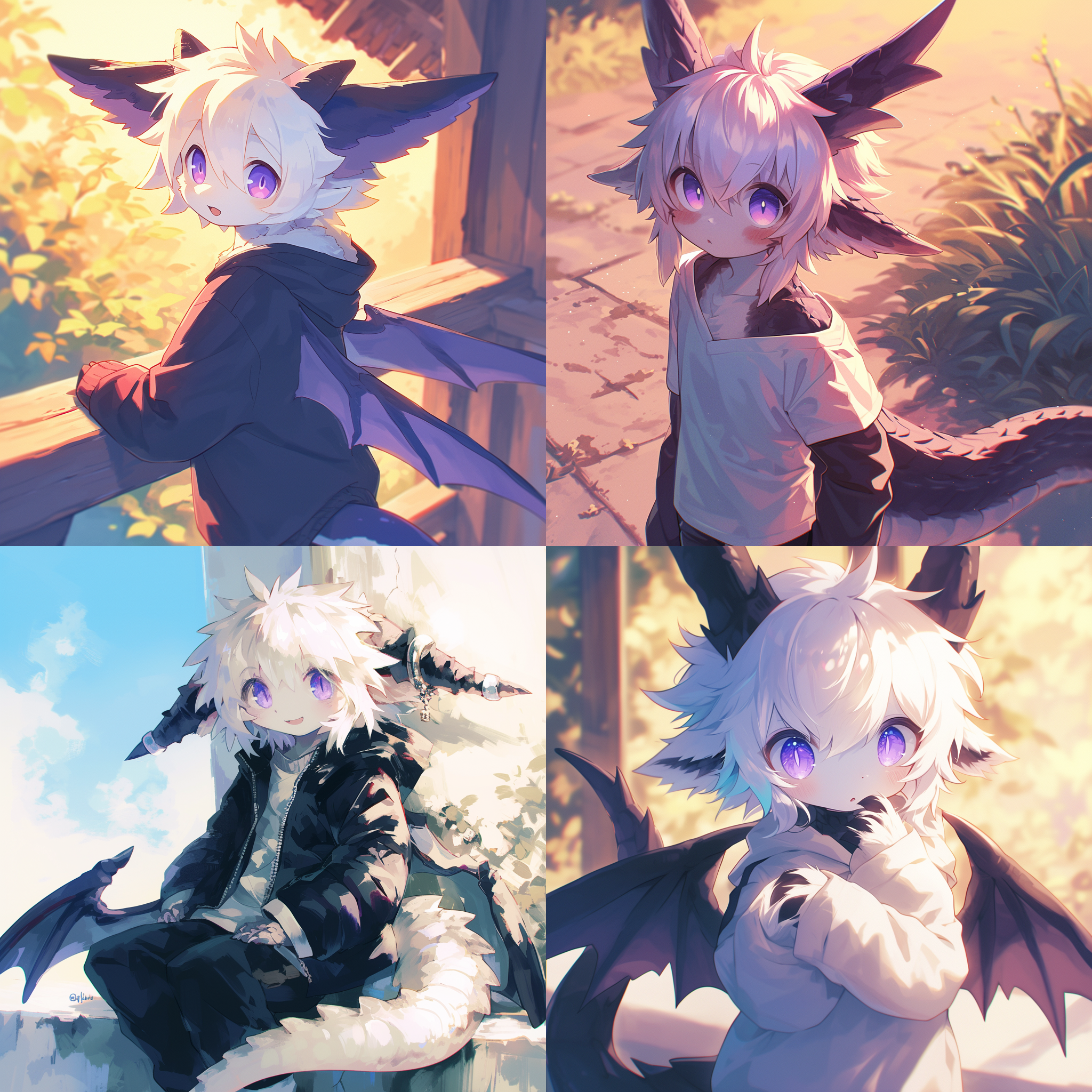 prompt. 龙男孩，紫光瞳，毛茸茸白发，水汪汪大眼，张嘴好奇，白小耳，黑龙尾，可爱，户外，逆光，中焦镜头，自然光，亲近，快乐，温暖。