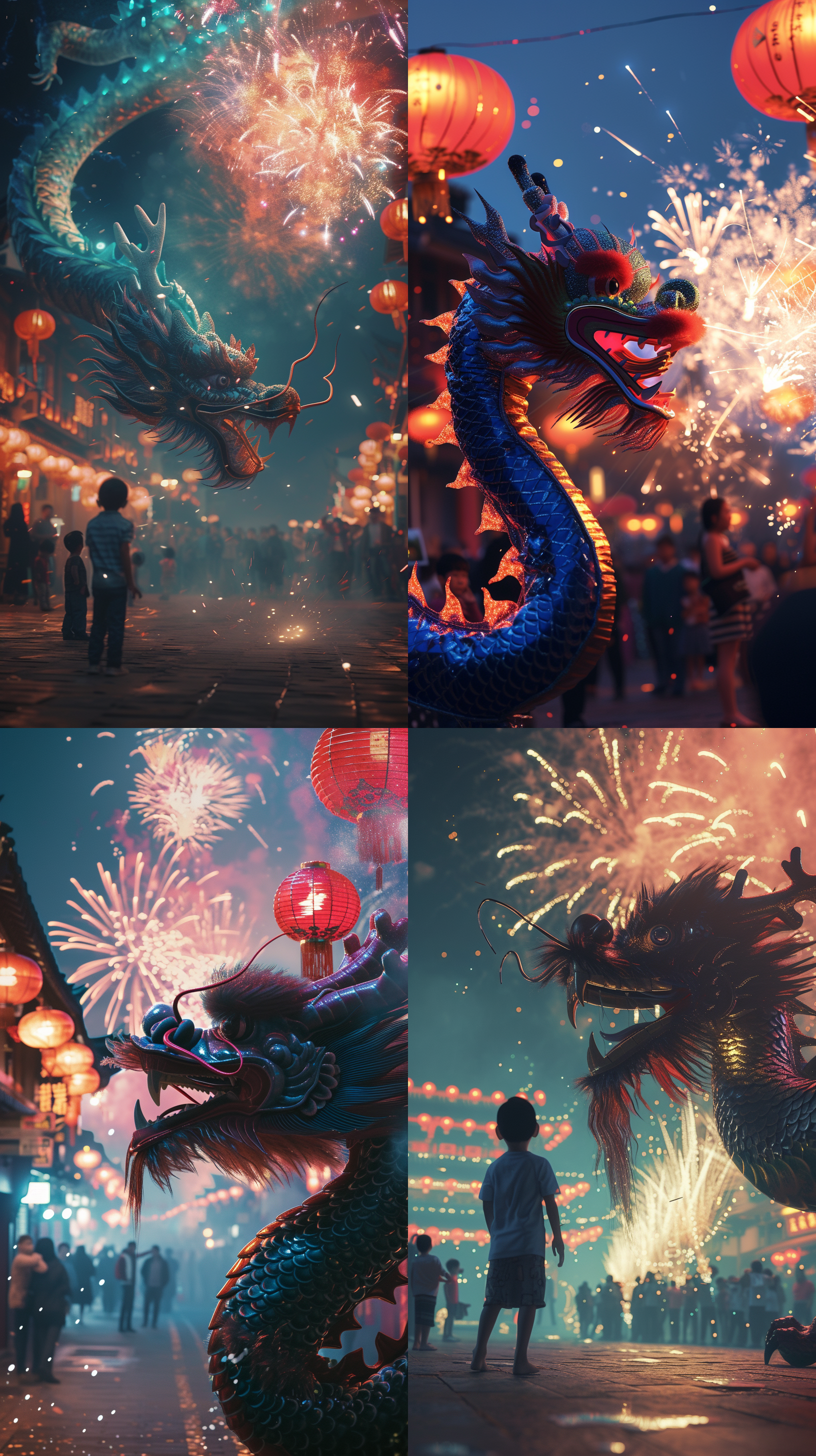 龙舞，烟花绽放，小孩观看，细节丰富，色彩分级，32k高清，环境：夜晚，动作：舞蹈，元素：龙，烟花，特点：明亮，神秘，喜庆。