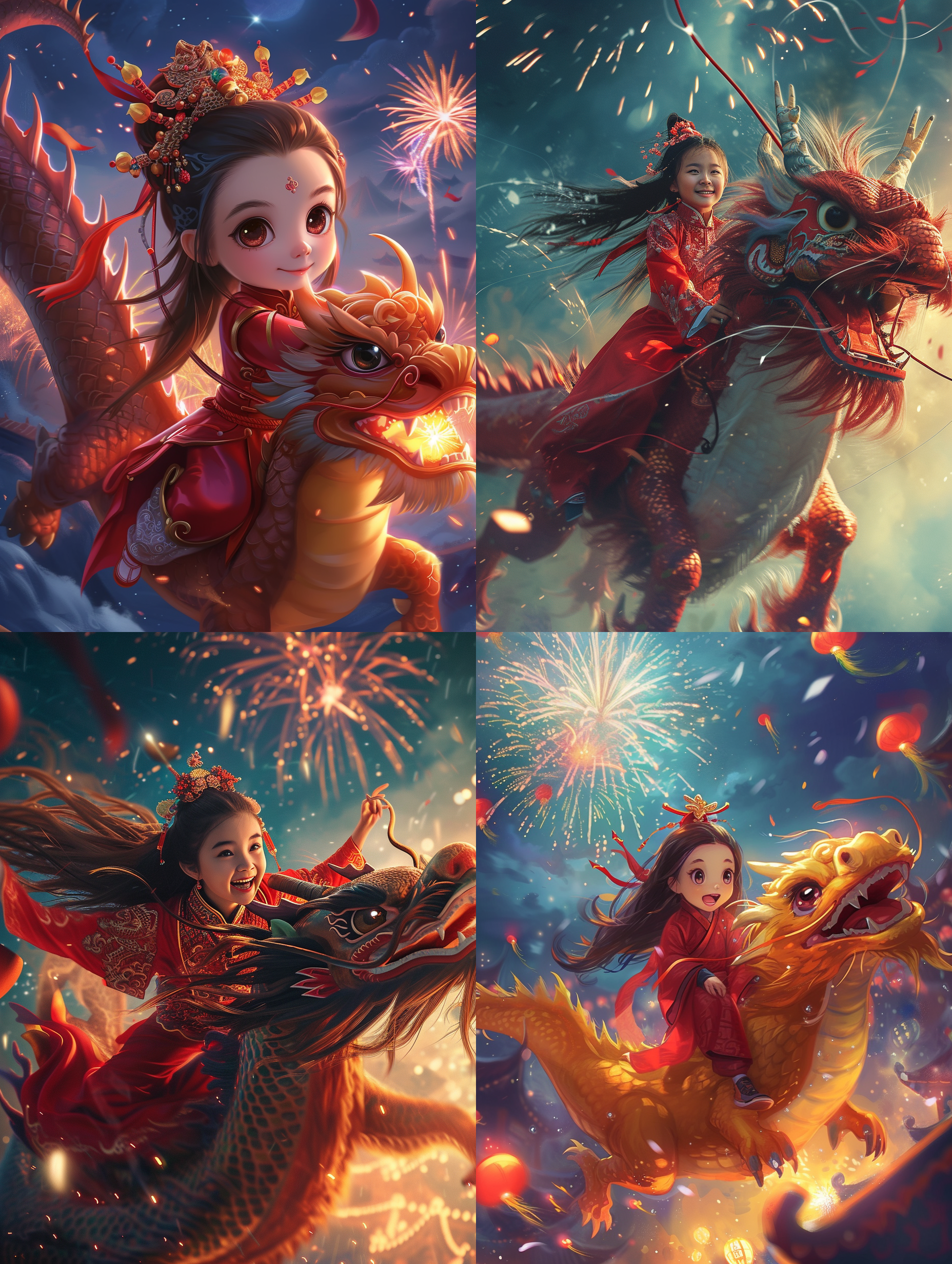 prompt. 龙年海报，女孩骑龙，红衣长发，8k，广角，烟花，慈祥龙，微笑女孩，凝视，绚烂背景，大眼睛，飞行，新春，海报风格。