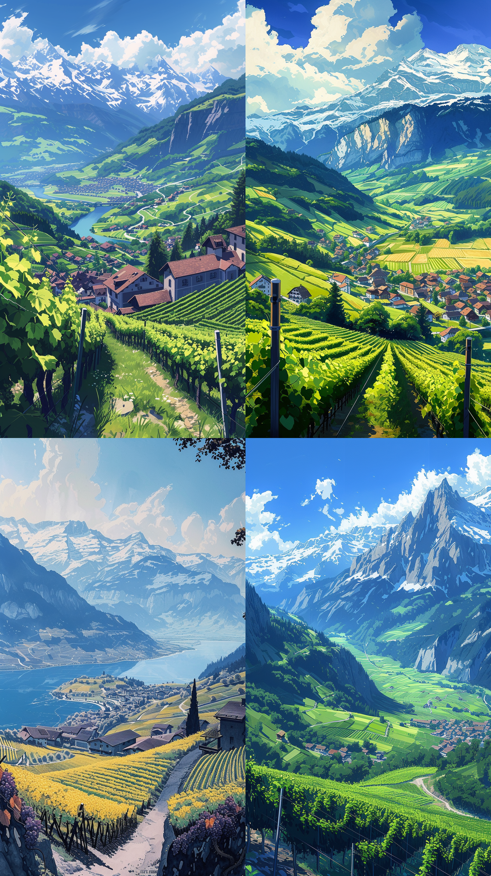 葡萄领域与村庄在远处，鸟瞰图，坐落在雪山在switzerland，1980 1990动漫复古怀旧-ar 16:9-s 90-niji 6。