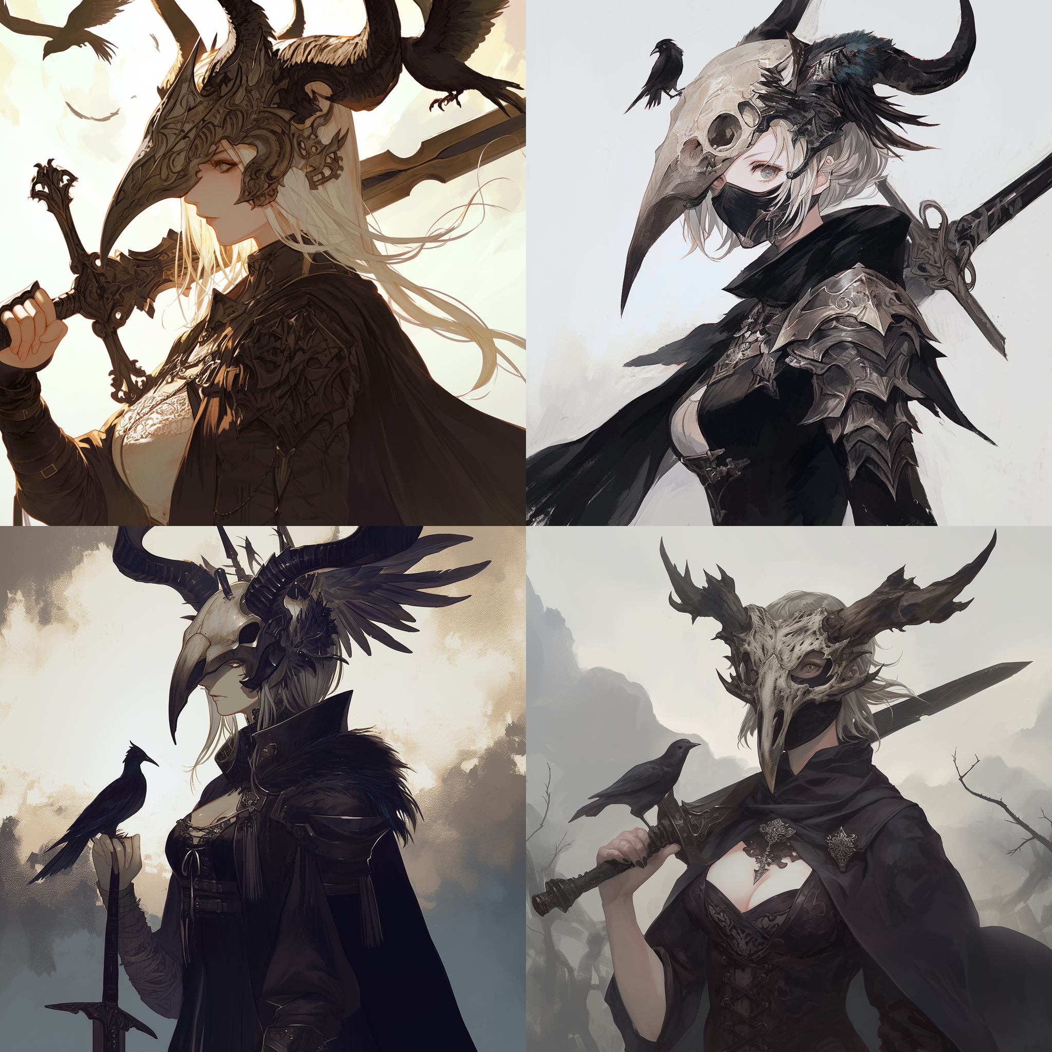 prompt. 女性佩戴面具和长角，手持剑，肩膀上有鸟，final fantasy 风格，akihiko yoshida 风格，哥特艺术，人物肖像，高清晰度，暗色调，侧光，细节丰富，神秘情感。
