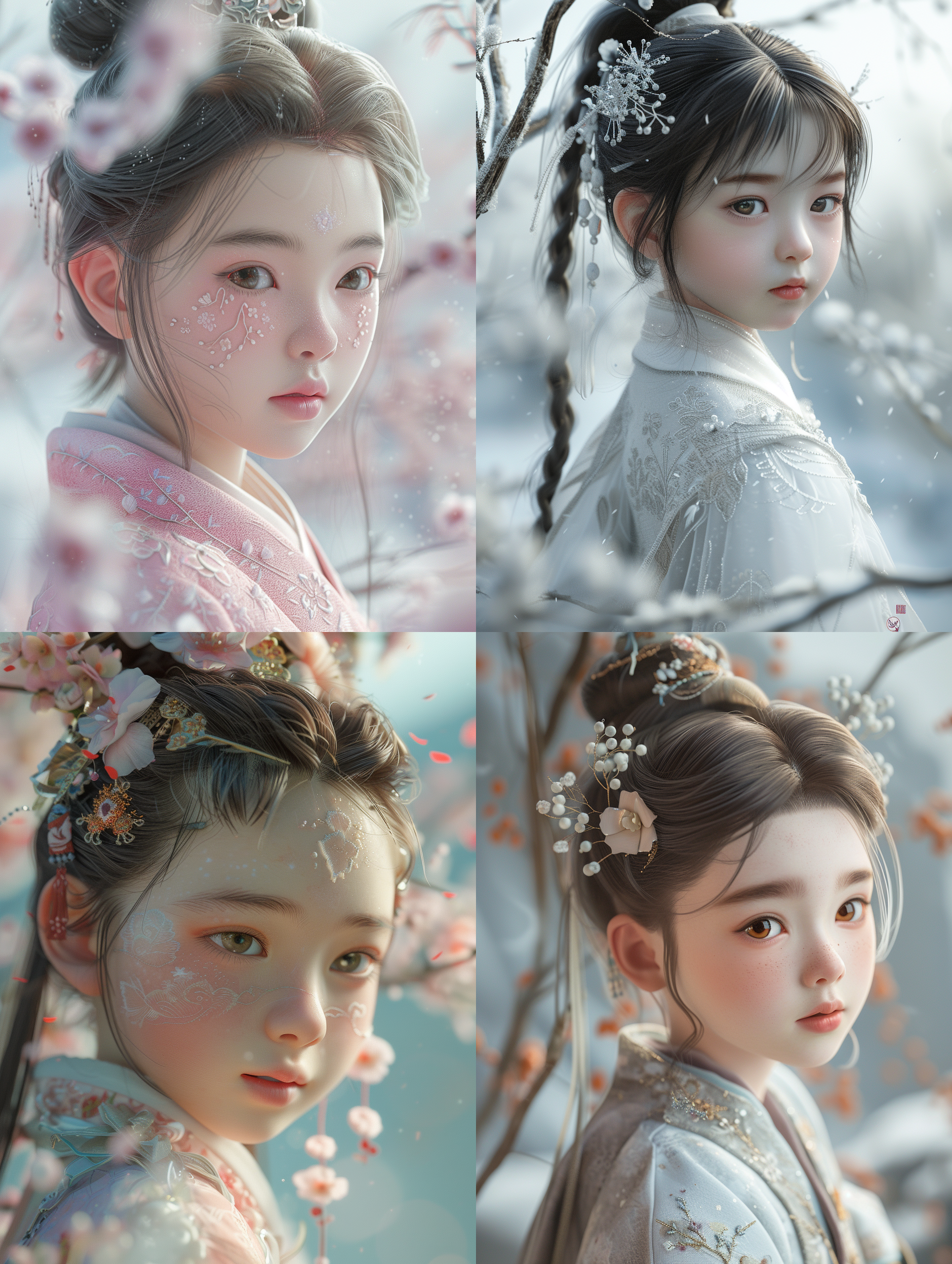 prompt. 8岁中国女孩，童话世界，羊毛呢，3d cinema4d线条渲染，空灵风格，柔和色彩，水墨画风，特写强烈，8k分辨率，完美细节。