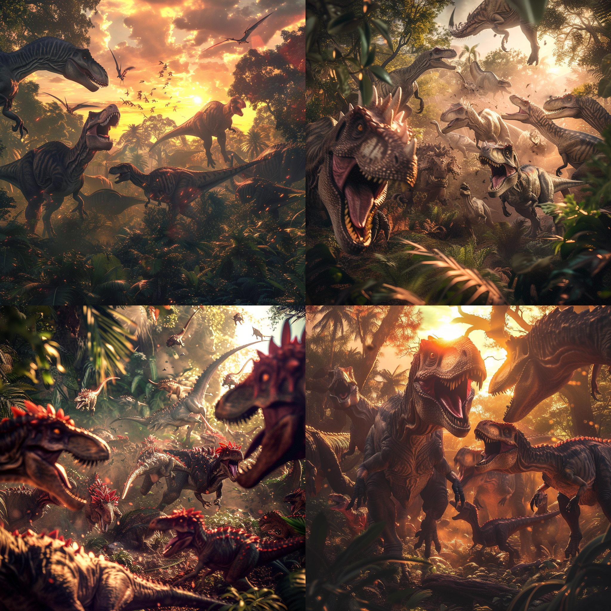 prompt. 恐龙群，超广角视角，丛林中，细节丰富，逼真色彩，追逐动作，威胁感，震撼气势，夕阳余晖。