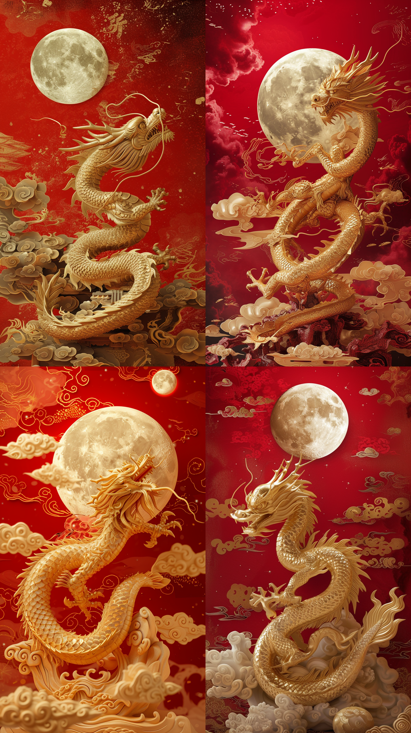 a golden dragon statue on a red background with clouds and a full moon in the background with the words, ` ` `, an airbrush painting, cloisonnism, intricate detail, ai weiwei