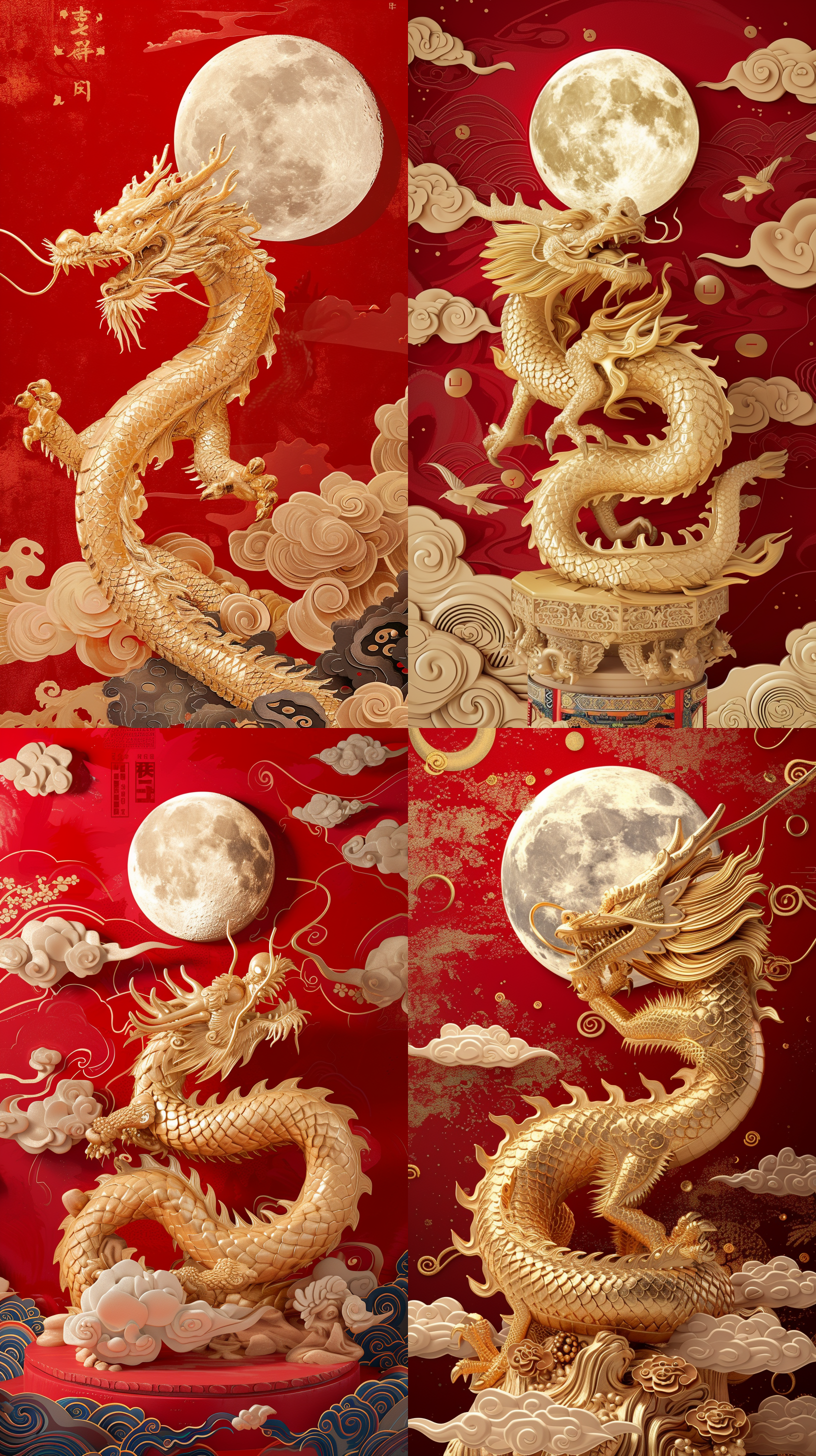 a golden dragon statue on a red background with clouds and a full moon in the background with the words, ` ` `, an airbrush painting, cloisonnism, intricate detail, ai weiwei