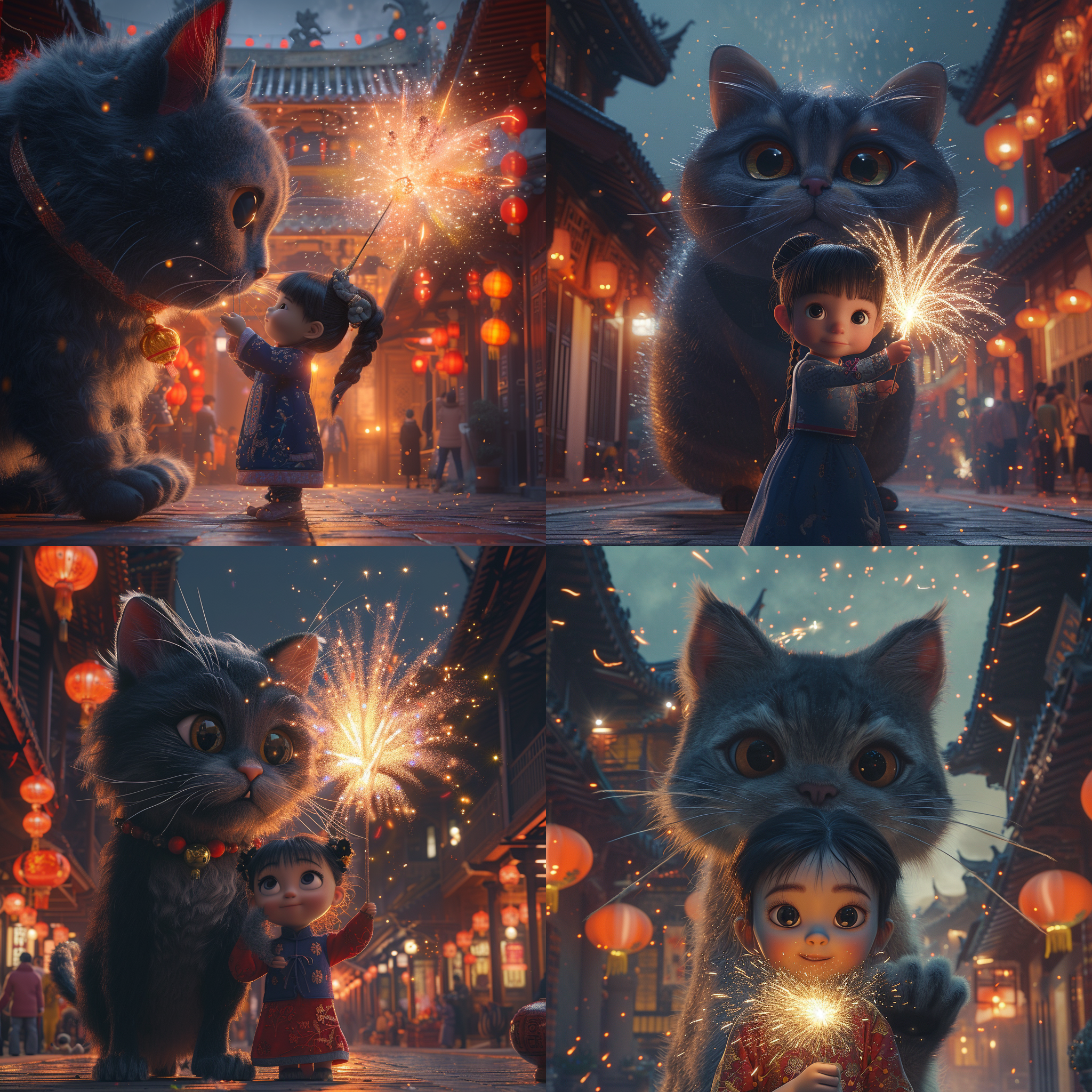 prompt. 小女孩手持烟花，巨大猫咪后，中国建筑背景，礼花，春节，汉服，梦幻，可爱艺术风格，电影灯光，体积光，柔和高级色彩，pixar风格，3d，c4d，blender，写实风格，超高清，32k。