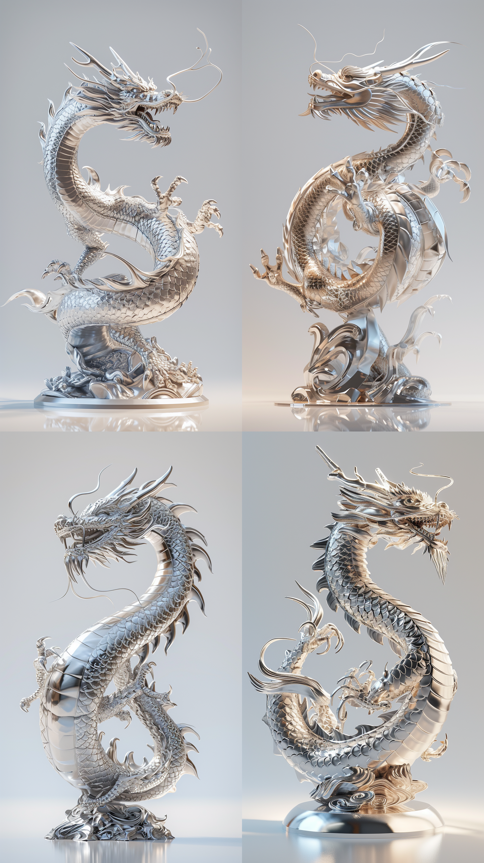 右前视角，低角度，产品透视，高挑款式，一条中国龙，未来主义，反射，白色背景，工作室灯光，真实材质质感，流畅线条感和精致的产品设计，zbrush，octane渲染，虚拟引擎，疯狂细节，金属质感和紧张构图。