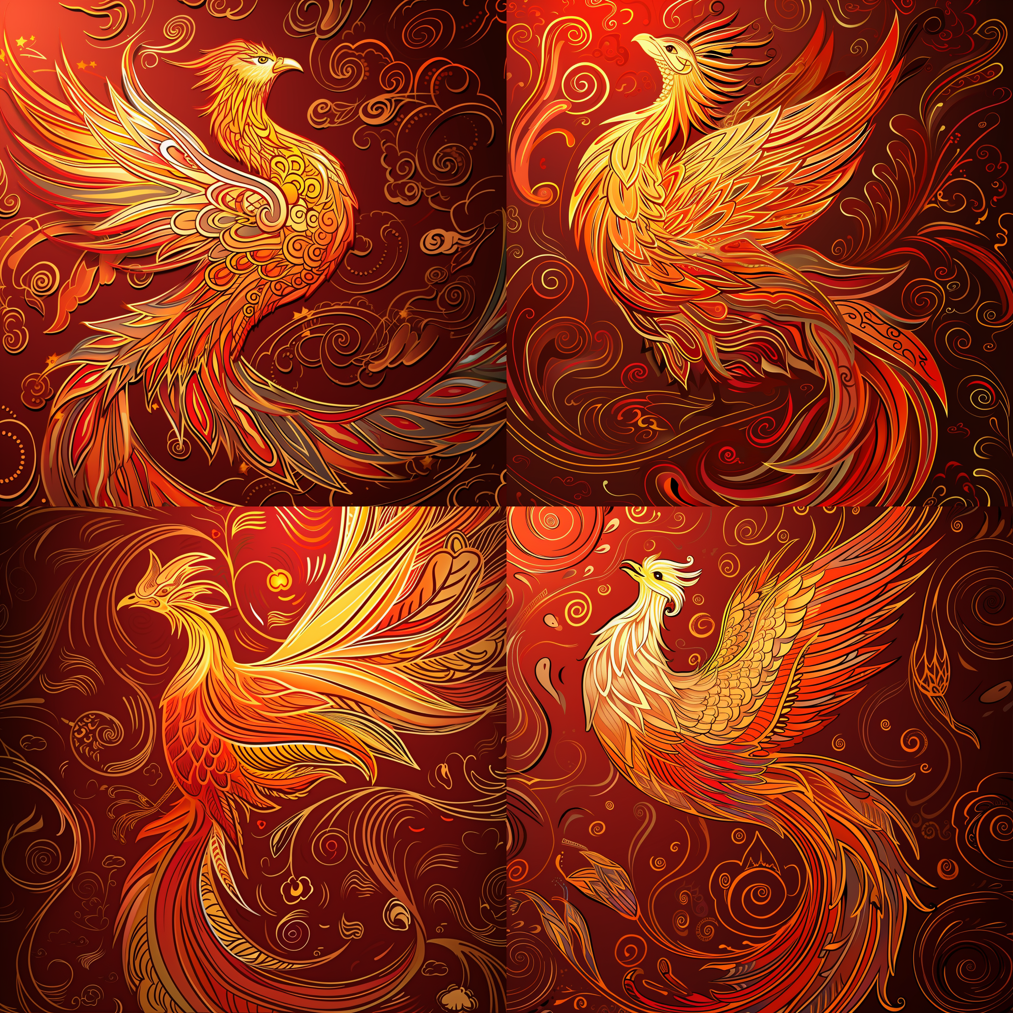 prompt. 凤凰图案，细致线条，精美细节，云纹，朱红背景，金红色调，超高画质，喜悦，祝福。