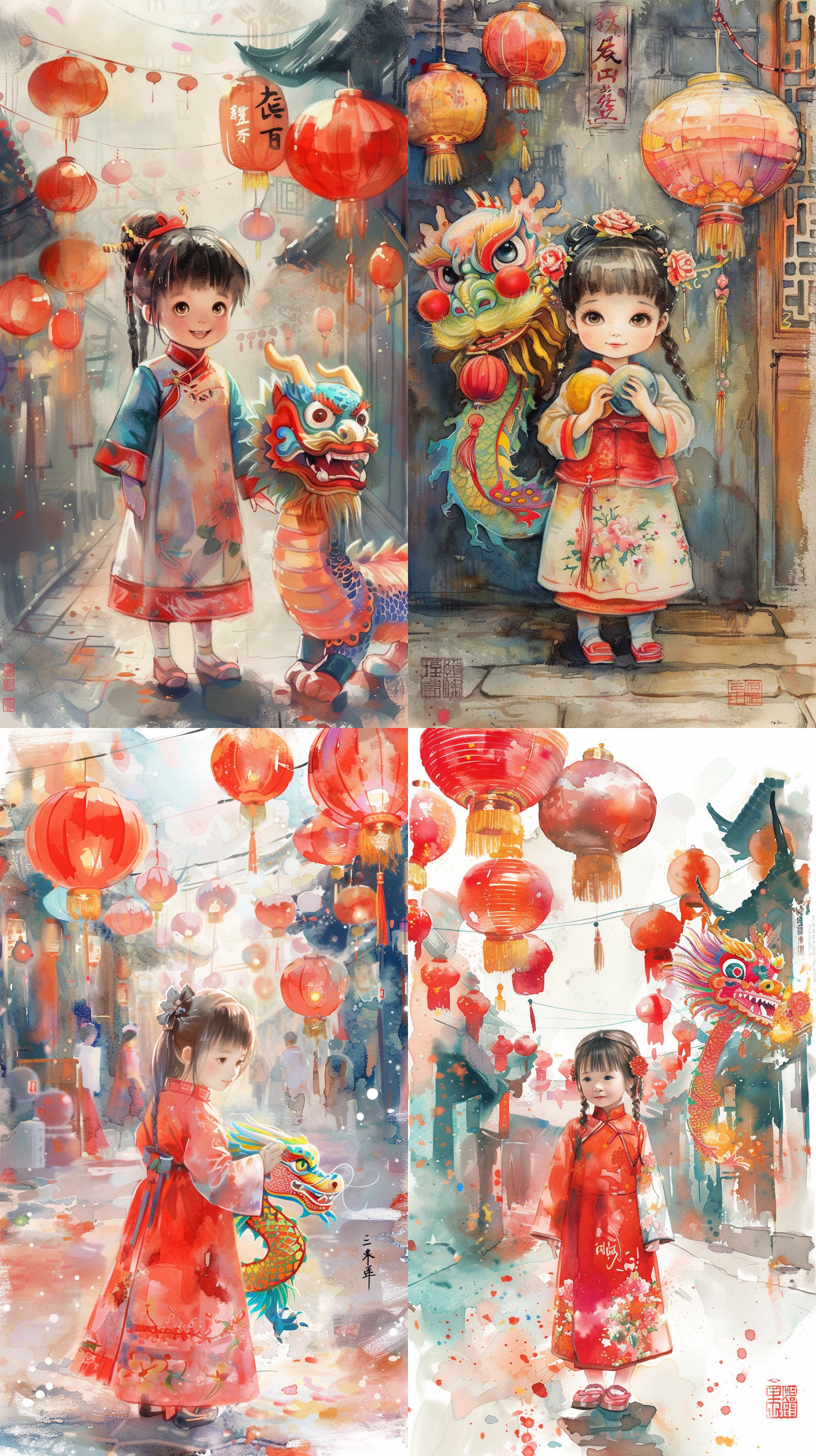 中国小女孩在春节期间，身穿传统汉服，站在街头。她手中拿着一条绚丽多彩的中国龙，周围装饰着灯笼和春联。整个画面呈现出水彩画风格，色彩鲜艳明亮，充满了节日的喜庆氛围。 汉服，中国龙，灯笼，春联，水彩画风格，绚丽多彩，节日喜庆，街头，传统，鲜艳明亮
