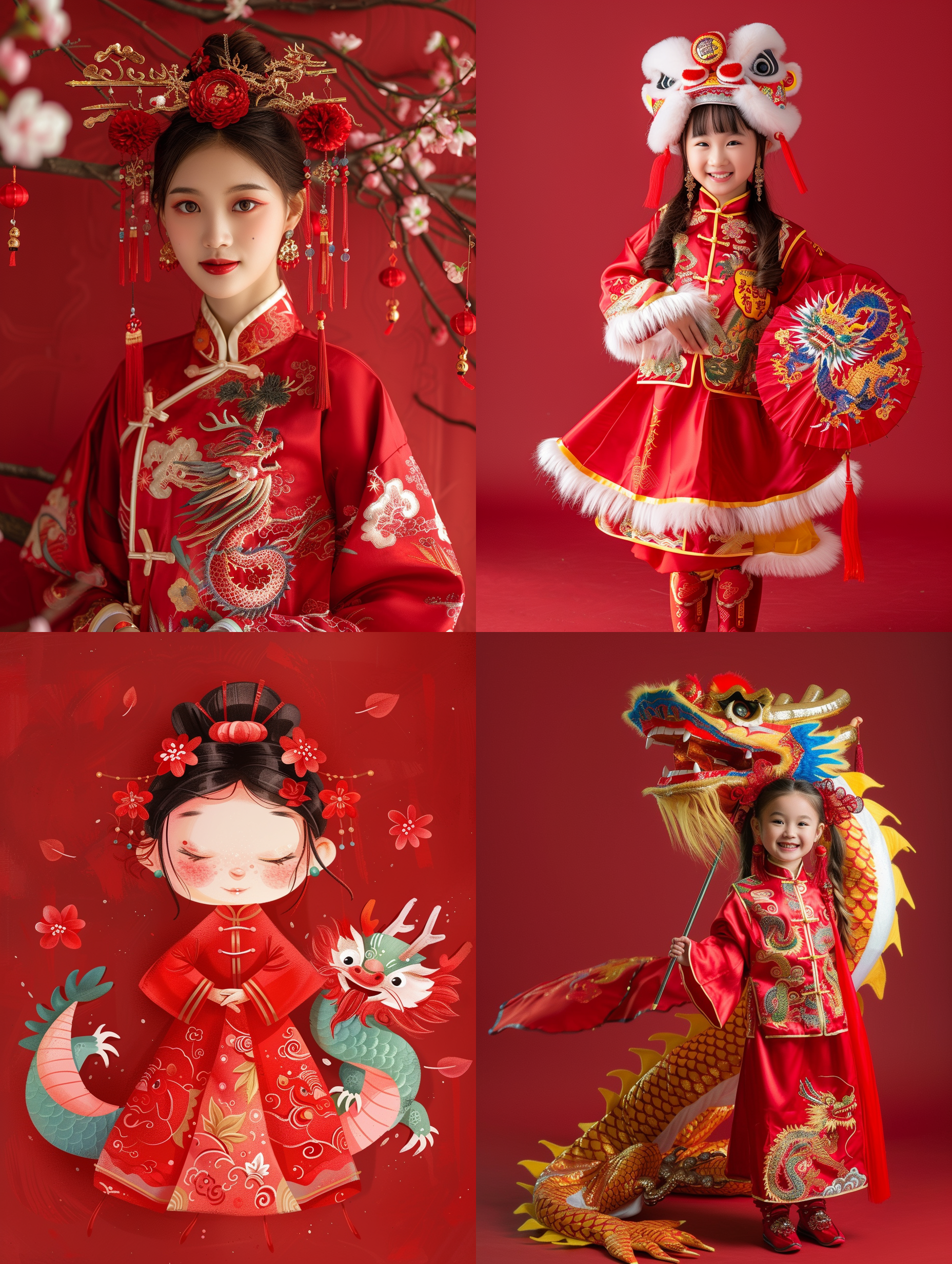 一条龙 ，红色中式服装，一个女孩，快乐，幸福，红色中式服装，一句龙年祝福，红色背景 