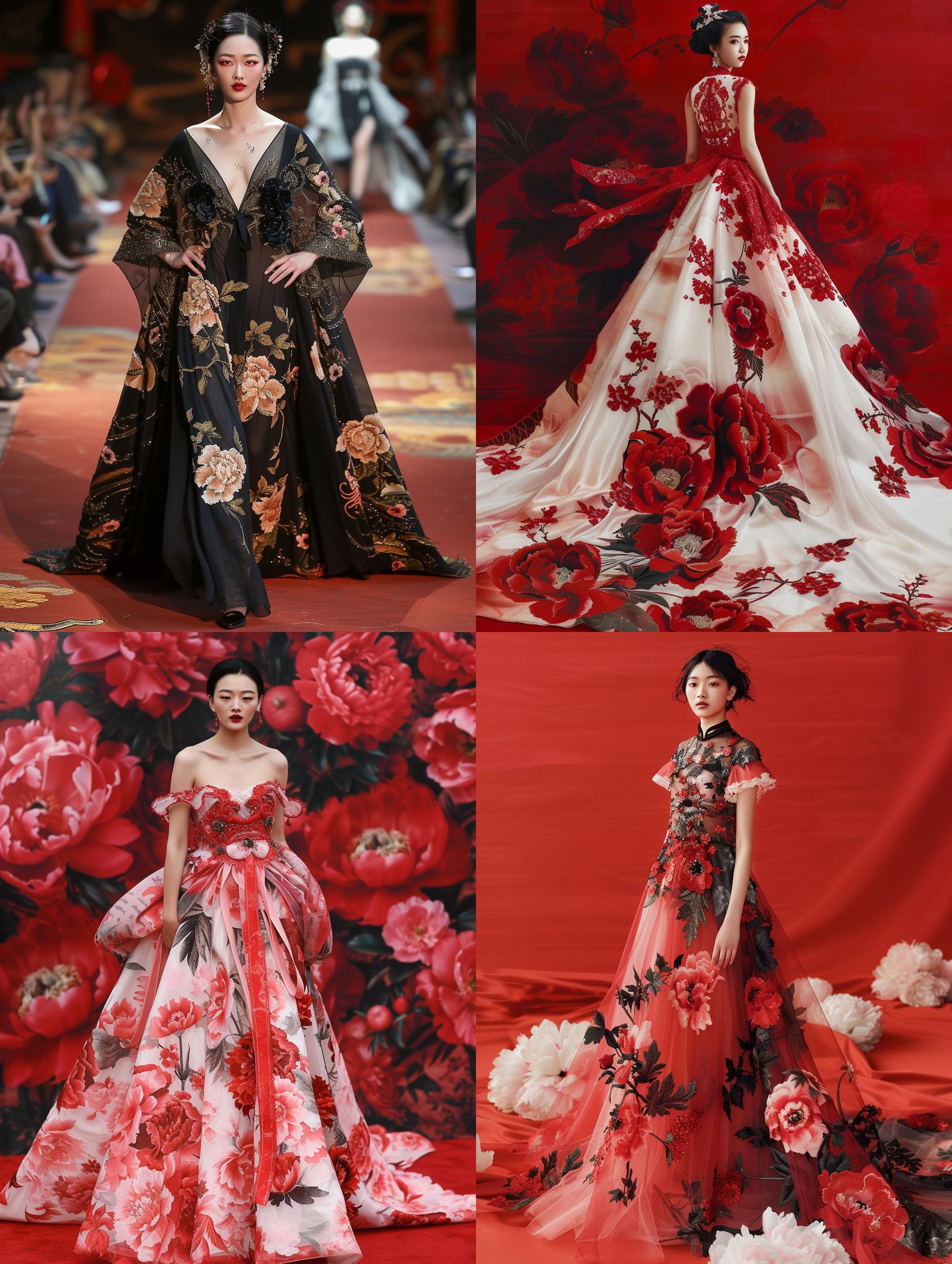 prompt. 中国美女, 全身, 正视, 在红地毯上走, 穿着由iris van herpen设计的精美晚礼服, 古代中国服饰风格, 灵感来自牡丹, 最高品质, 杰作, 极其详细, 照片逼真, 细致。