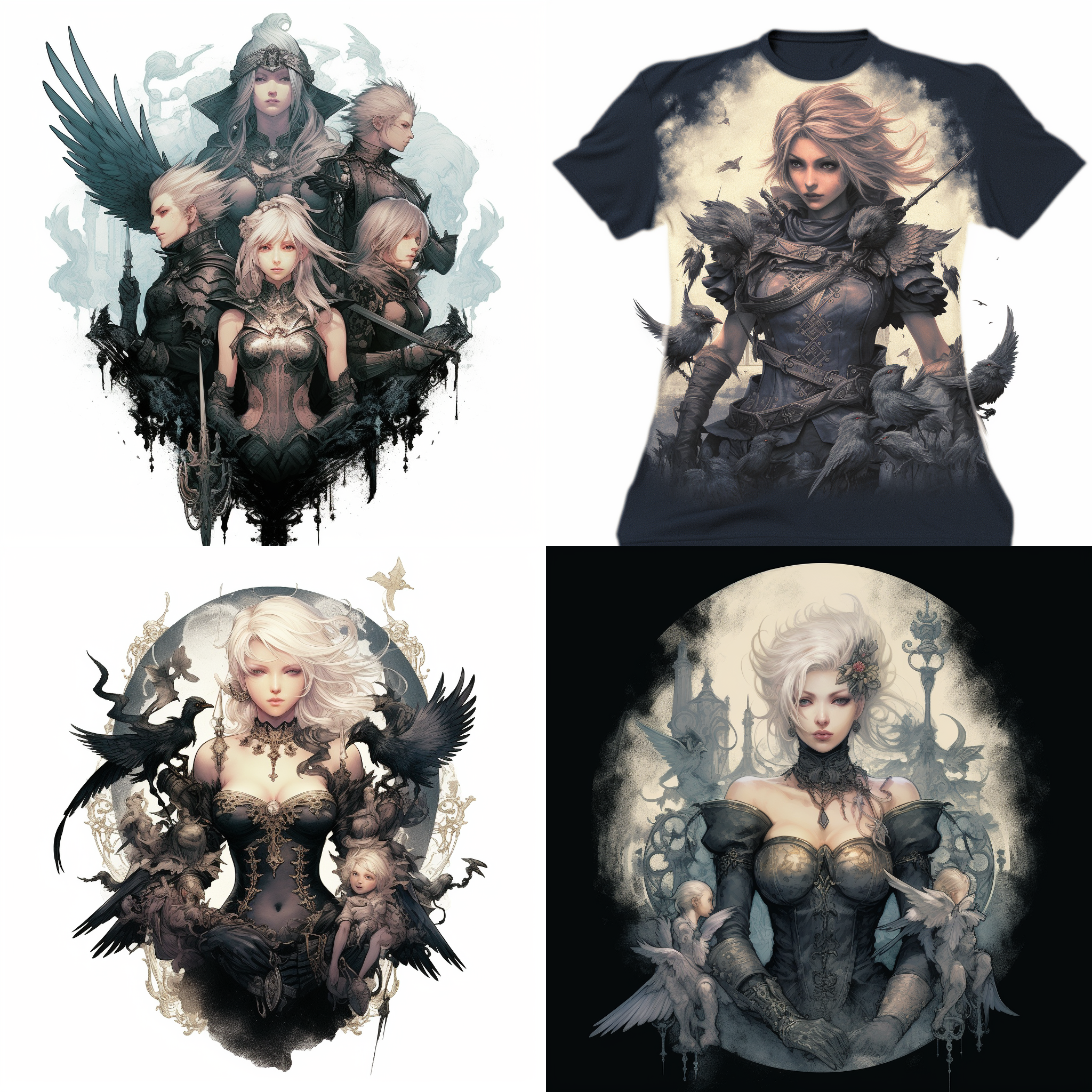 女性佩戴面具和鬼角，手持剑，肩上有只鸟，风格为最终幻想，人物肖像，由吉田明彦设计，哥特艺术，高清晰度，暗调，中焦镜头，侧光，威严，神秘。