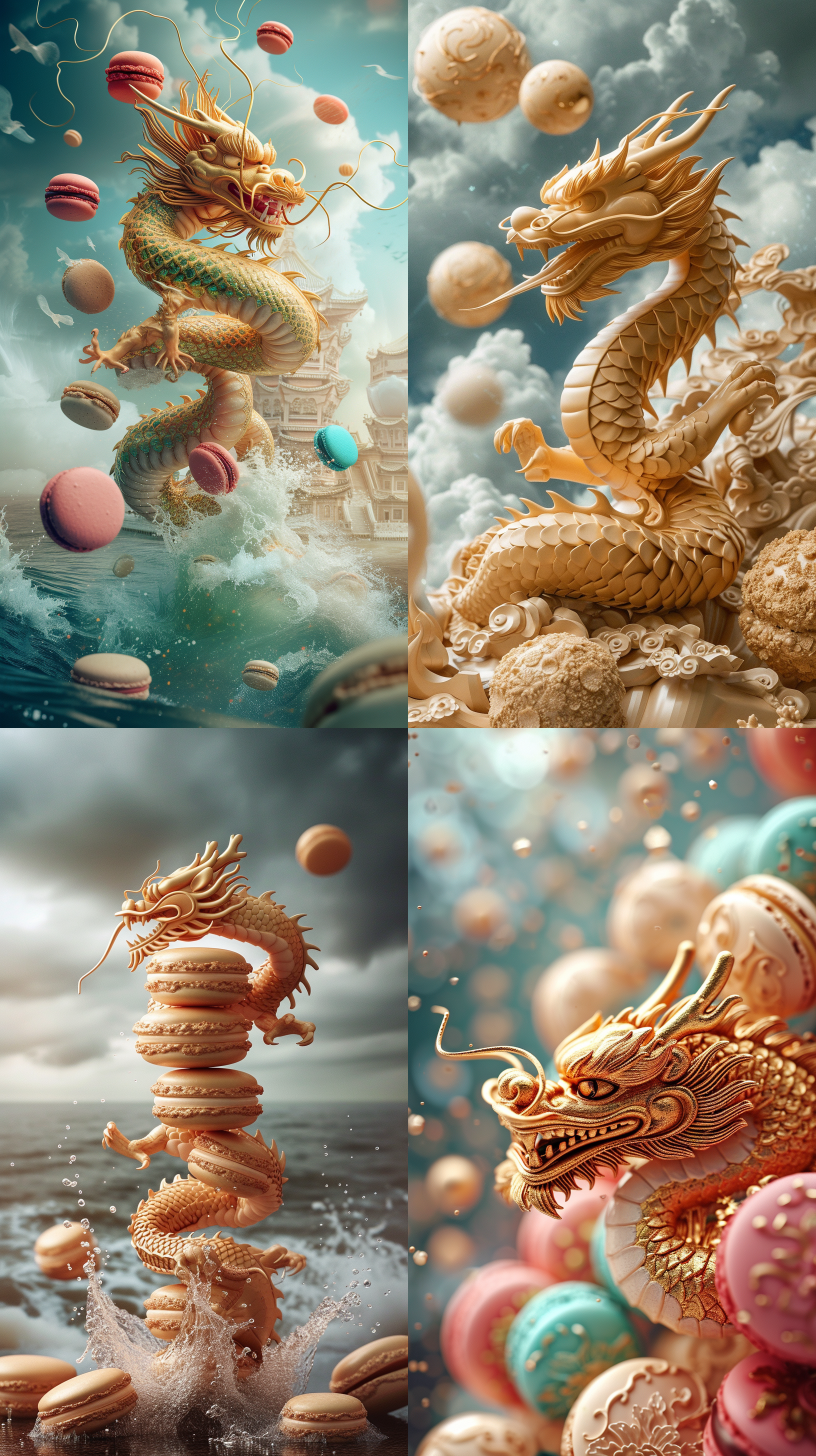 golden dragon,extreme bottom view,with superb atmospheric feel,over the sea,wide angle view macarons color,advertising,rainy season