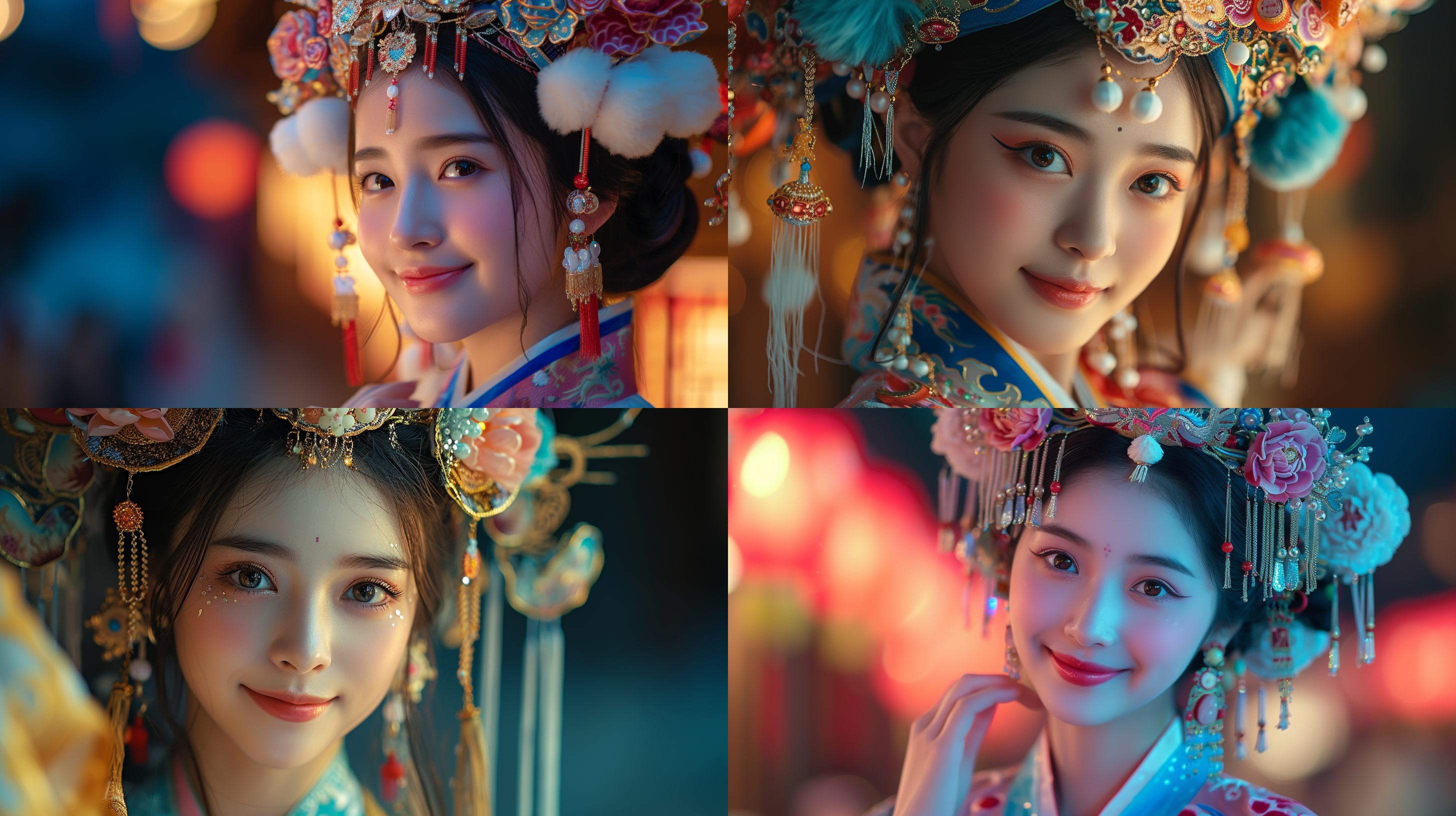 电影院内，月光照耀下，一个16岁女孩身着时尚京剧头饰，微笑。迷人光影，高品质构图，背光轮廓，专业摄影风格，暗调氛围，原始照片质感，色彩协调，精致特点，优雅身姿，史诗光线，浅焦，f4.5