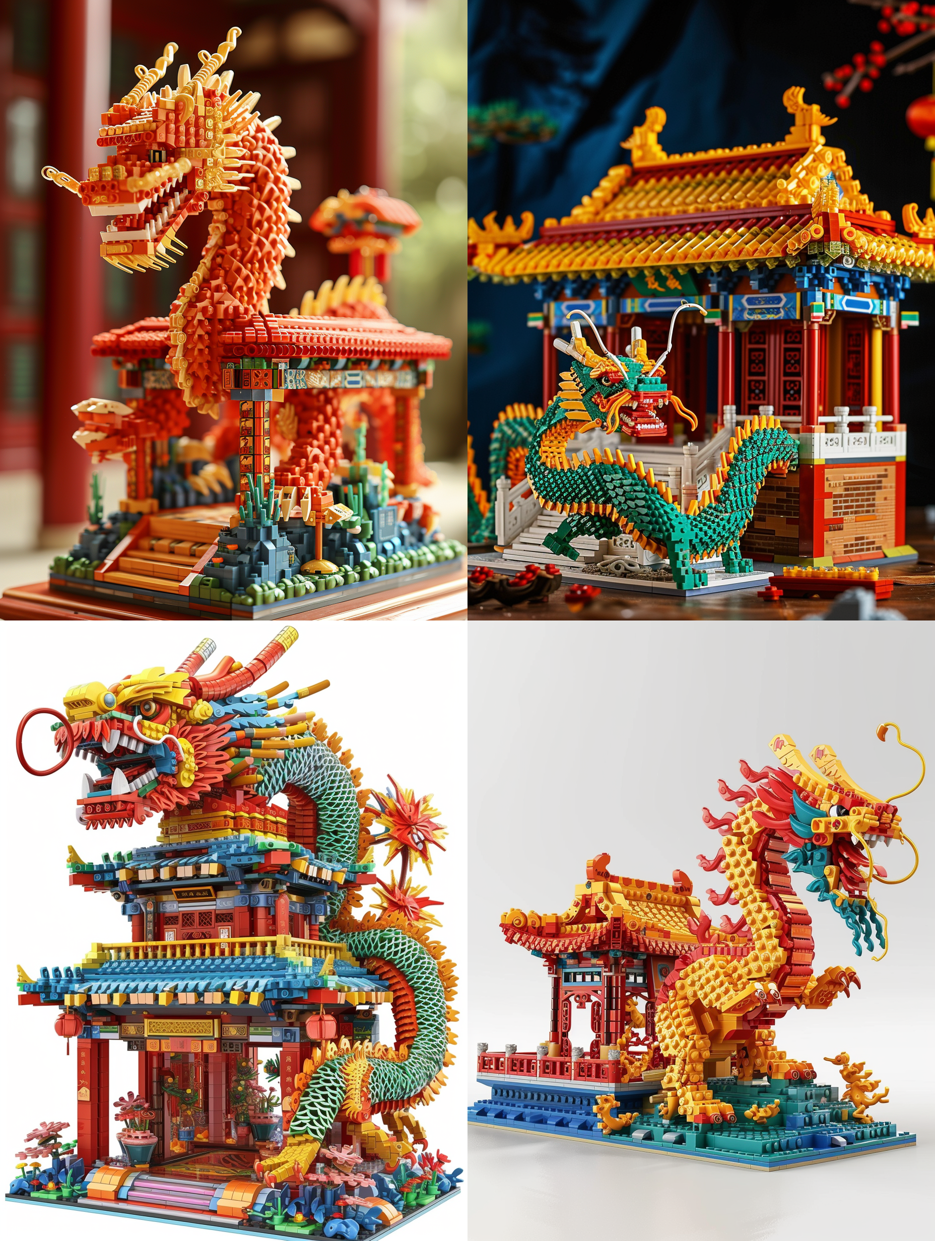 中国龙积木玩具，像素风格，方块工艺，超级细节，超高清画质, 五彩斑斓，庄严肃穆，立体感，灯光璀璨，传统与现代，中国古代建筑，中国传统节日春节，积木玩具，极其精细和复杂的构图，超高清画质