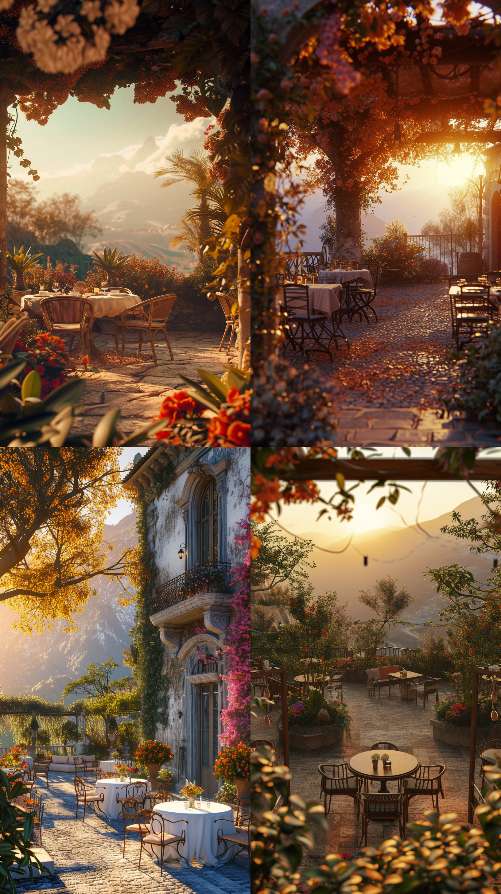prompt. 别墅花园日落晚霞，桌椅鲜花布置，半山景观，广角镜头拍摄，电影感风格，暖色调，柔和光线，静谧氛围，浪漫情怀。