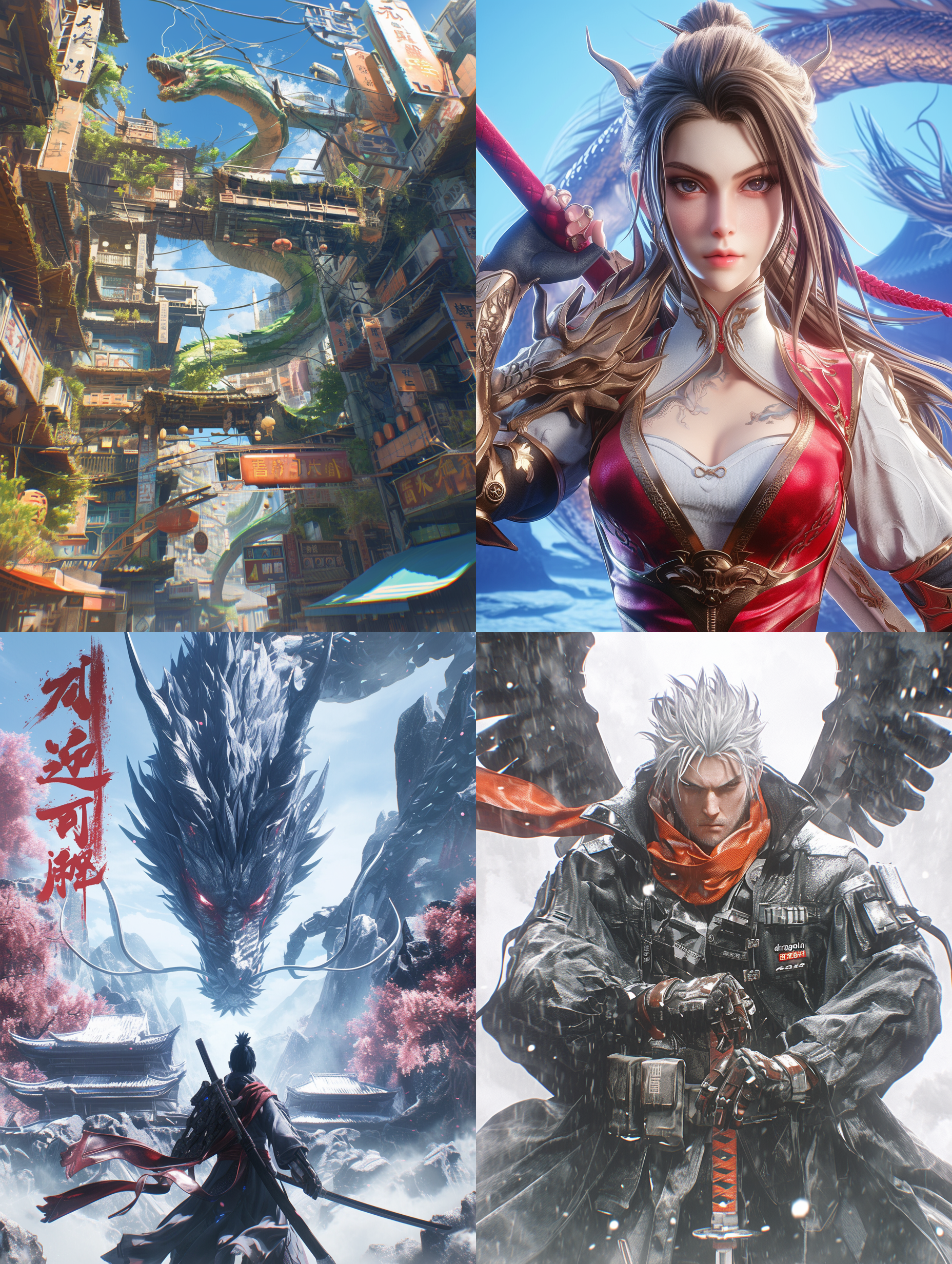 cyberpunk风格的中国新年3d神话生物“龙”，站在中国建筑前，3d精致的面容，传统中国服饰和机甲，手持宝剑，完美的双手，精致的手指，闪电和雷暴的照明，猛烈的打击，全身视图，角色的正面特写镜头，中国朋克，未来装置，霓虹灯背景，混合图案，pop mart盲盒，电影海报风格，极光朋克，梦幻色彩，景深，特殊照明，视觉冲击，八度渲染，复杂细节的光线追踪，虚幻引擎，超逼真和超细节，8k。