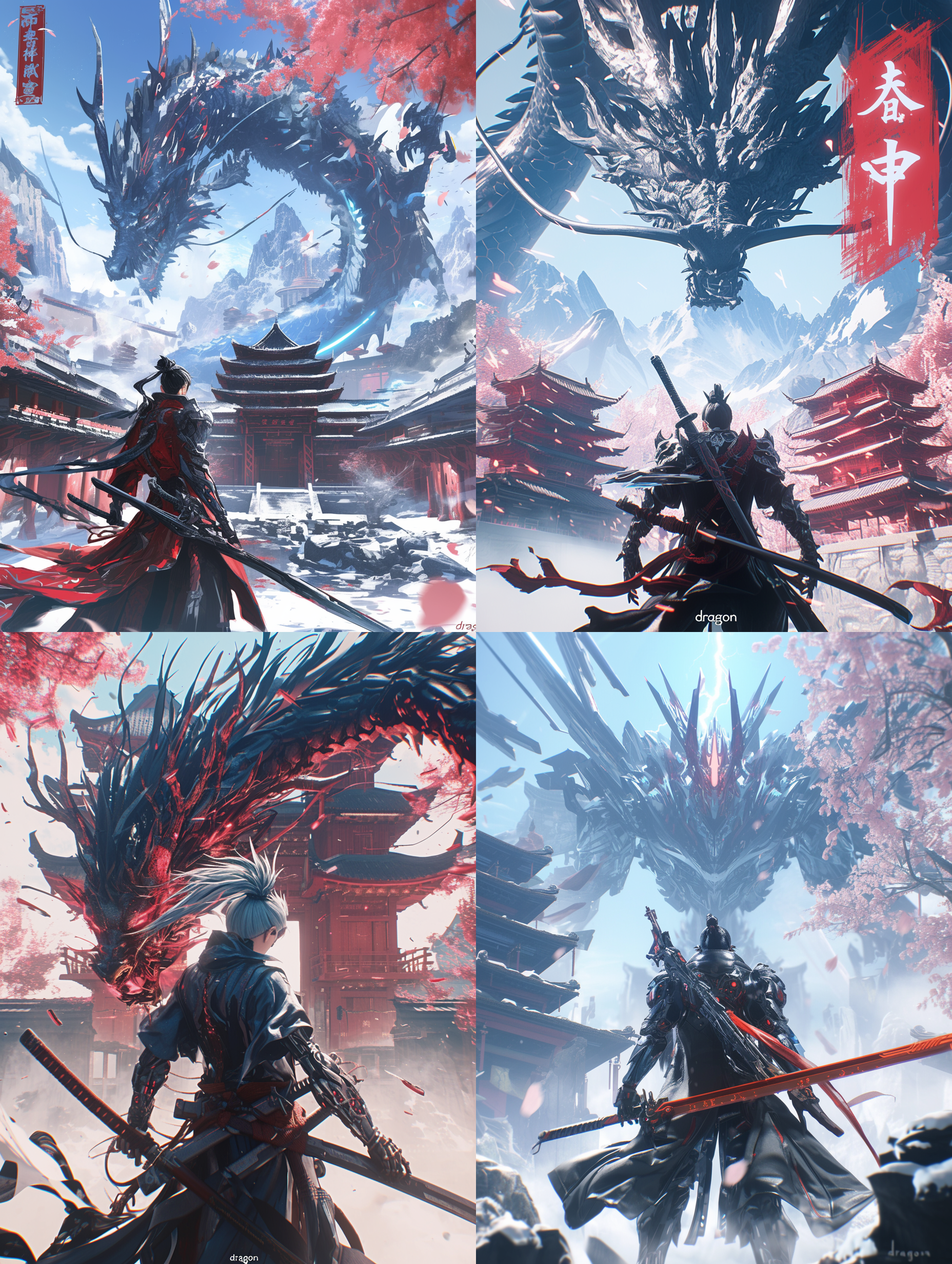 cyberpunk风格的中国新年3d神话生物“龙”，站在中国建筑前，3d精致的面容，传统中国服饰和机甲，手持宝剑，完美的双手，精致的手指，闪电和雷暴的照明，猛烈的打击，全身视图，角色的正面特写镜头，中国朋克，未来装置，霓虹灯背景，混合图案，pop mart盲盒，电影海报风格，极光朋克，梦幻色彩，景深，特殊照明，视觉冲击，八度渲染，复杂细节的光线追踪，虚幻引擎，超逼真和超细节，8k。