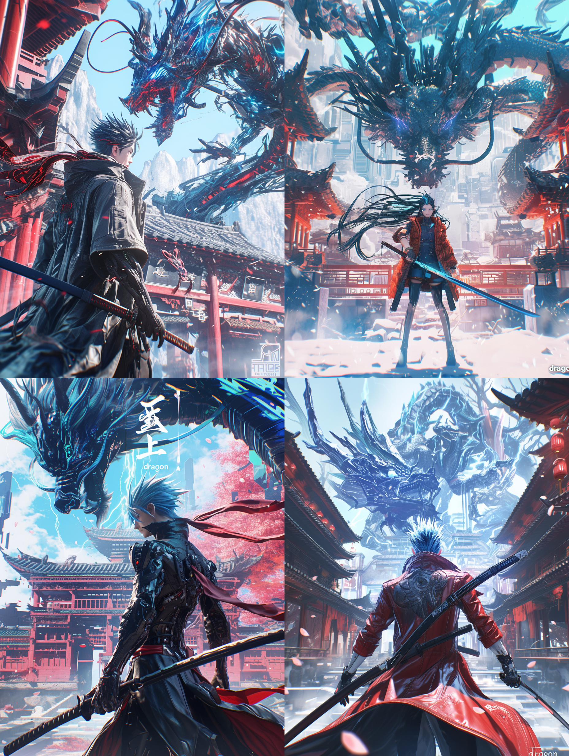 cyberpunk风格的中国新年3d神话生物“龙”，站在中国建筑前，3d精致的面容，传统中国服饰和机甲，手持宝剑，完美的双手，精致的手指，闪电和雷暴的照明，猛烈的打击，全身视图，角色的正面特写镜头，中国朋克，未来装置，霓虹灯背景，混合图案，pop mart盲盒，电影海报风格，极光朋克，梦幻色彩，景深，特殊照明，视觉冲击，八度渲染，复杂细节的光线追踪，虚幻引擎，超逼真和超细节，8k。