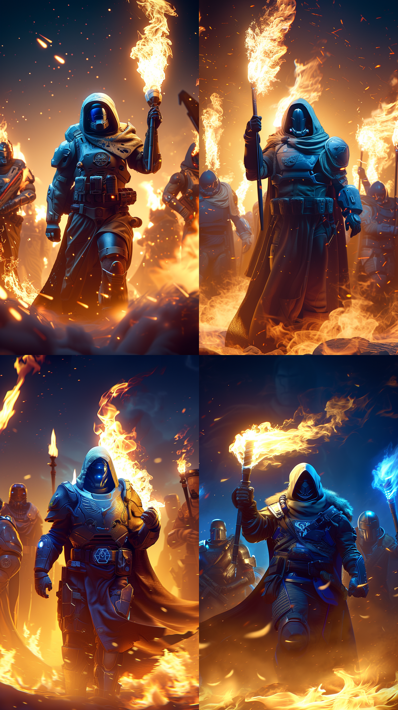 分辨率，广角镜头，动作冻结，高光细节，火焰元素，强烈对比度，蓝色主题，冠军气场，激情四溢，震撼人心，冒险精神，壮丽景色，未来感，挑战精神。