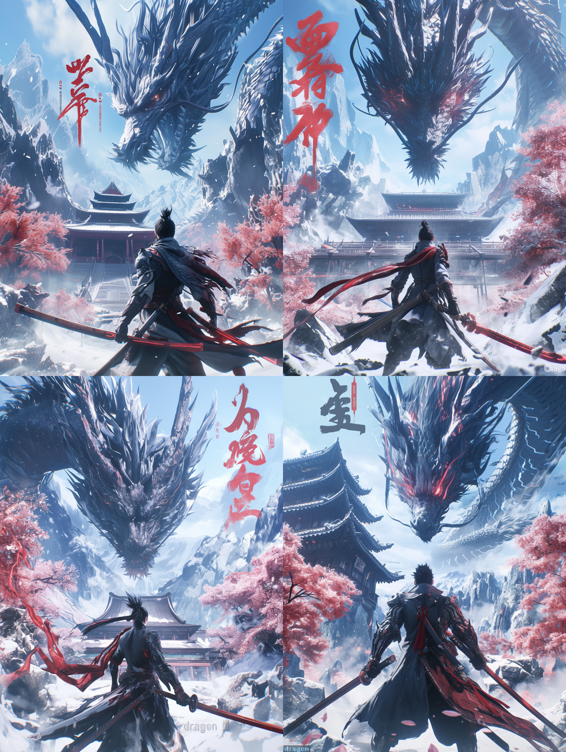 cyberpunk风格的中国新年3d神话生物“龙”，站在中国建筑前，3d精致的面容，传统中国服饰和机甲，手持宝剑，完美的双手，精致的手指，闪电和雷暴的照明，猛烈的打击，全身视图，角色的正面特写镜头，中国朋克，未来装置，霓虹灯背景，混合图案，pop mart盲盒，电影海报风格，极光朋克，梦幻色彩，景深，特殊照明，视觉冲击，八度渲染，复杂细节的光线追踪，虚幻引擎，超逼真和超细节，8k。