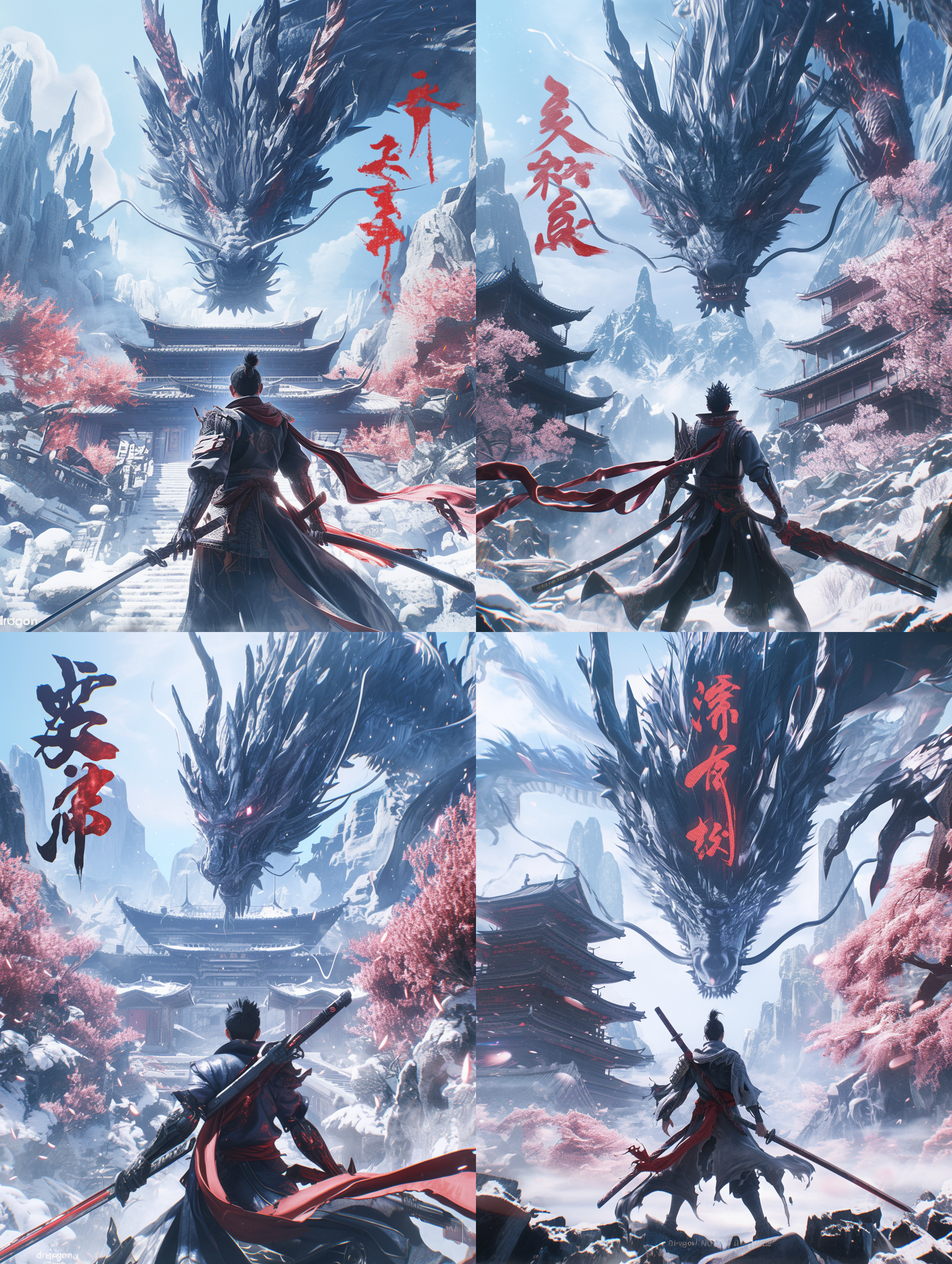 cyberpunk风格的中国新年3d神话生物“龙”，站在中国建筑前，3d精致的面容，传统中国服饰和机甲，手持宝剑，完美的双手，精致的手指，闪电和雷暴的照明，猛烈的打击，全身视图，角色的正面特写镜头，中国朋克，未来装置，霓虹灯背景，混合图案，pop mart盲盒，电影海报风格，极光朋克，梦幻色彩，景深，特殊照明，视觉冲击，八度渲染，复杂细节的光线追踪，虚幻引擎，超逼真和超细节，8k。