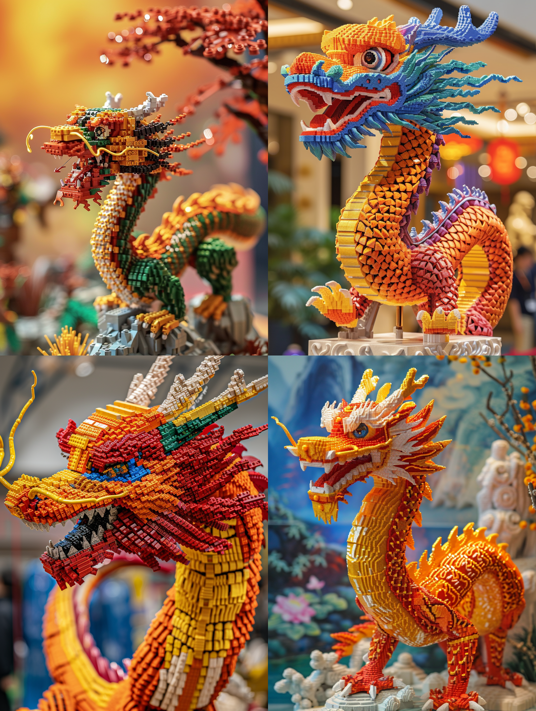 中国龙乐高积木玩具在春节庆典上展示，以像素风格呈现。马赛克效果营造出密集的方块工艺，超级细节和超高清画质突显了五彩斑斓的色彩。照片中的龙栩栩如生，给人一种庄严肃穆的感觉。立体感的构图和璀璨的灯光衬托出中国传统建筑的美。 prompt: 乐高龙在春节庆典上展示，像素风格，马赛克，密集，超高清画质，五彩斑斓，庄严肃穆，立体感，灯光璀璨，传统与现代。