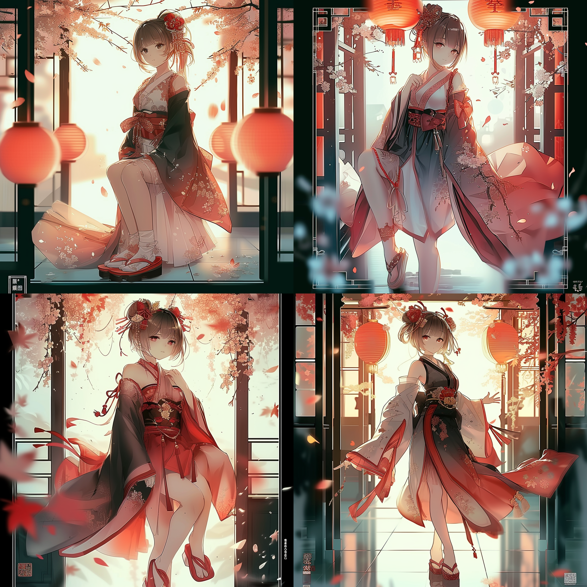 二次元美少女，穿着日本木屐和中国装饰，摆出动感姿势，优雅地展示立体构图。细节突出地描绘了她的脚部。照片使用暗光，增添神秘妖娆的氛围。立体感强烈，色彩明亮，表达了美少女的活力和魅力。