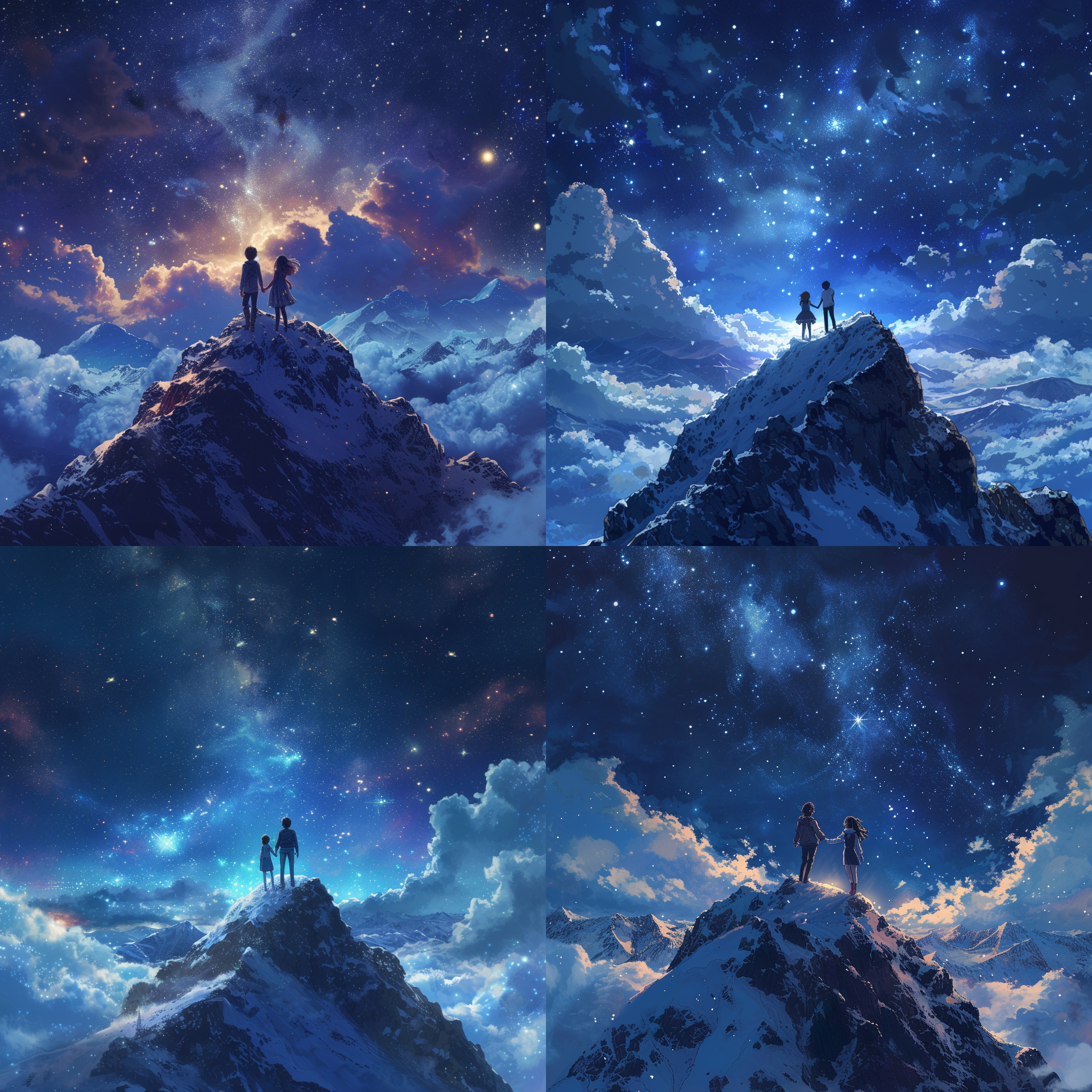 a 14-year-old boy and a 13-year-old girl standing on top of a snow mountain under a night sky with stars and clouds above them, holding hands, a matte painting, fantasy art, matte painting, ai-mitsu