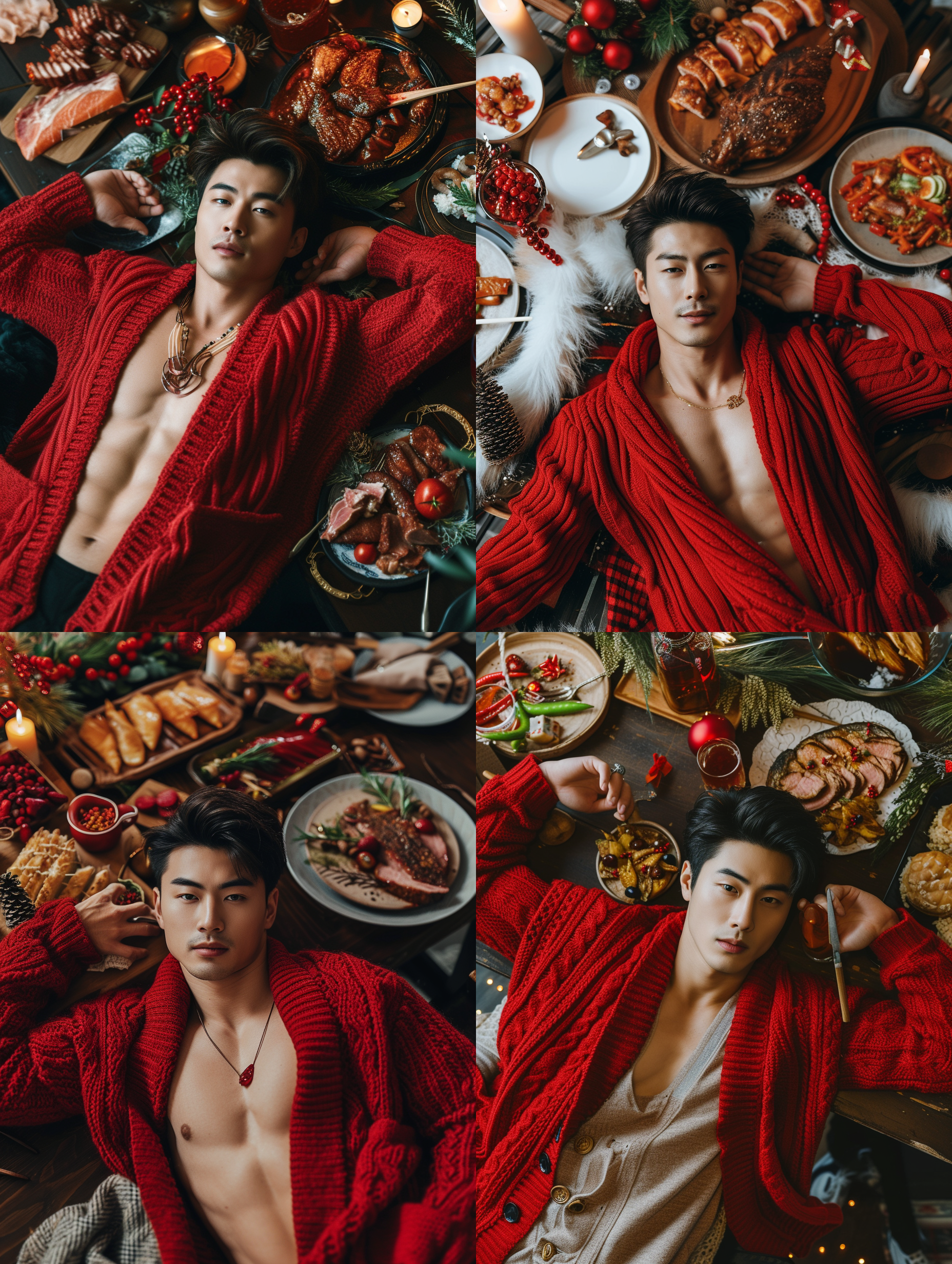 英俊的亚洲男人躺在餐桌上，敞开的红色开衫，肌肉，精致的发型，全身照，丰富的食物，新年节庆气氛，俯拍视角，逼真的摄影风格，丰富的细节