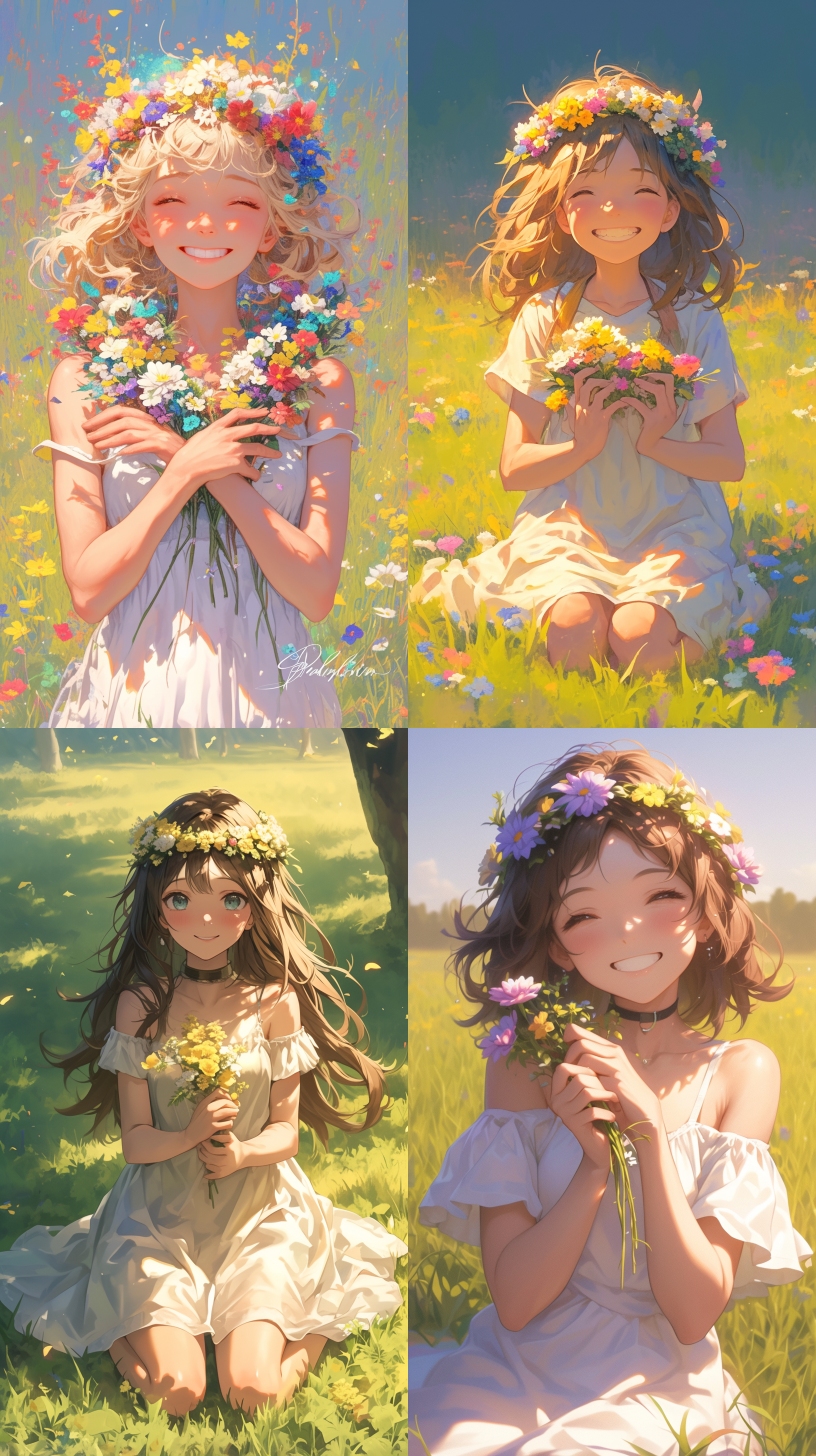 prompt. 女孩捧花，草地上，自然光，柔焦，微笑，白裙，花环，温暖色调，正中构图，细节，幸福，轻松。