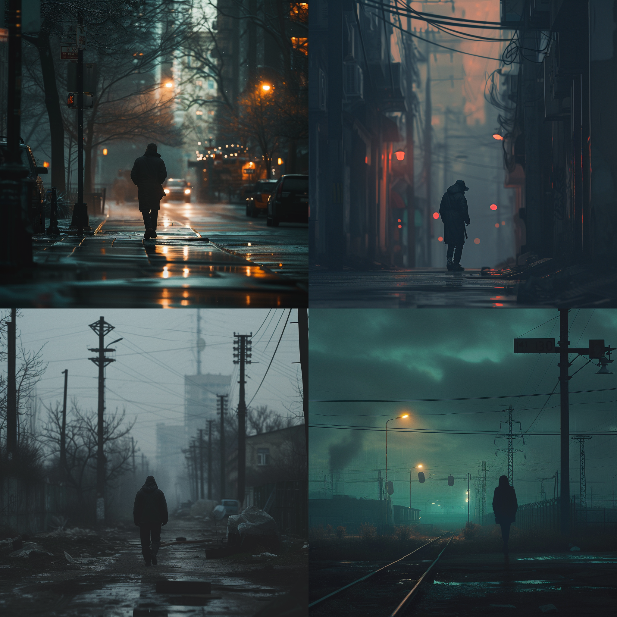 prompt. 凌晨黎明，孤独人影，废弃城市，荒废街道，阴郁色调，长焦镜头，逆光，漫步，思考，忧伤。