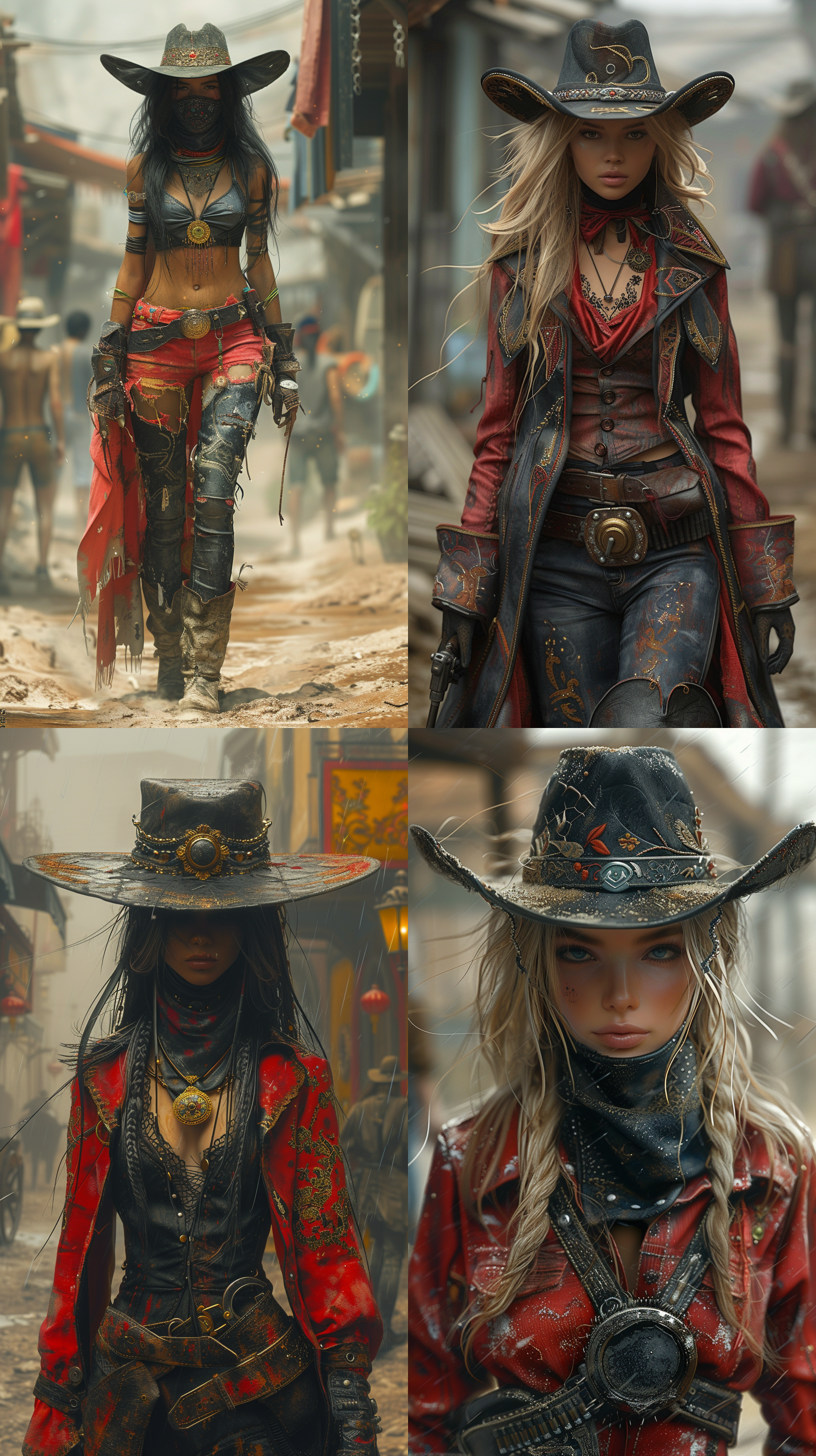 女性牛仔，穿着红色和黑色混合的牛仔装，黑色牛仔帽上有精美刺绣配有风沙镜，黑色面罩，穿着露腰短上衣，搭配长筒靴，走在尘土飞扬的小镇道路上，全身肖像，暗淡的环境光，由artgerm、greg rutkowski和alphonse mucha创作，渲染非常详细，后处理，肖像，极度精细，错综复杂，史诗般的构图，电影般的照明，杰作，artstation上的热门话题，ar 9:16