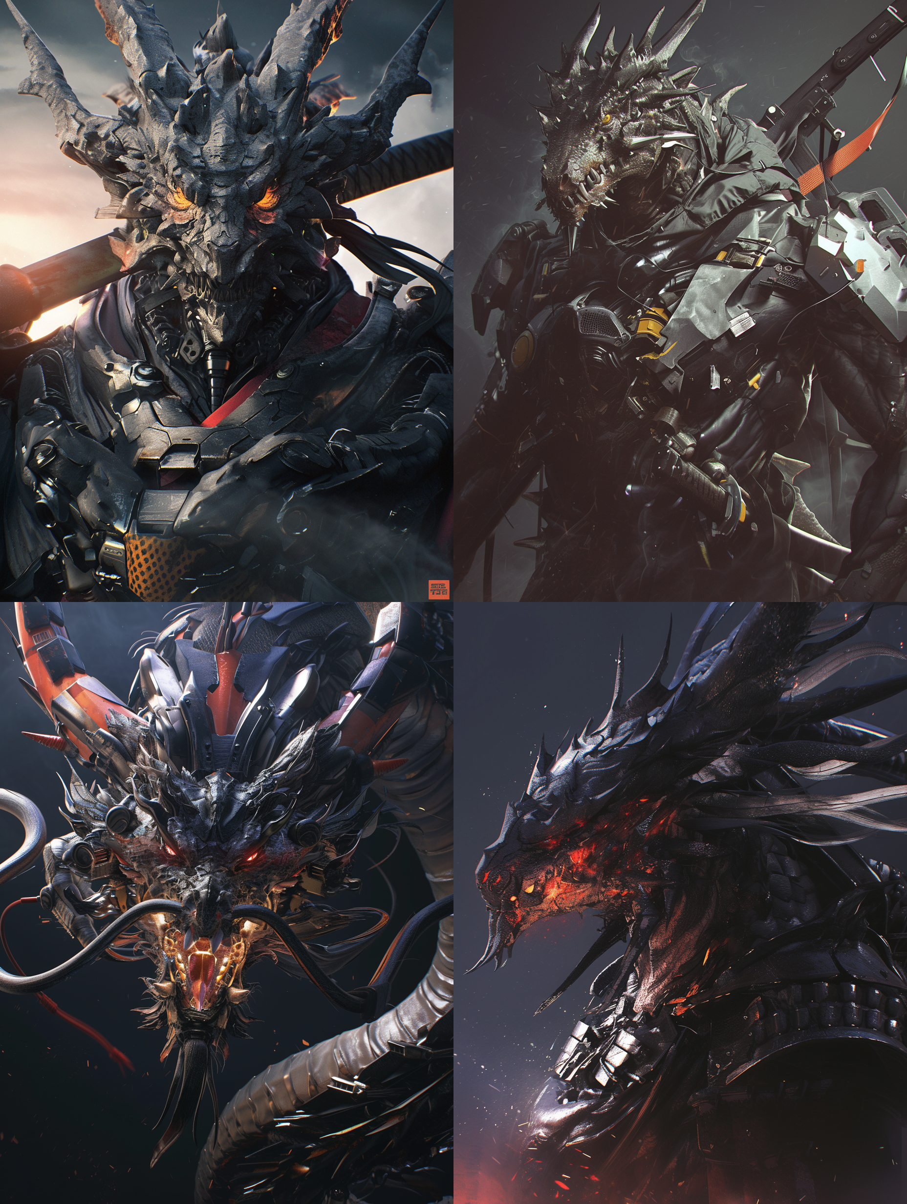 prompt. 人性化的龙穿着武士服，战斗姿态，暗黑梦幻背景, 特写镜头, 超真实, 细节狂魔, 暗黑引擎, 黑暗光效, 3d渲染, 莱卡镜头, uhd, 8k, 视频拍摄, 电影摄影, 超高清, 赛博朋克风格!