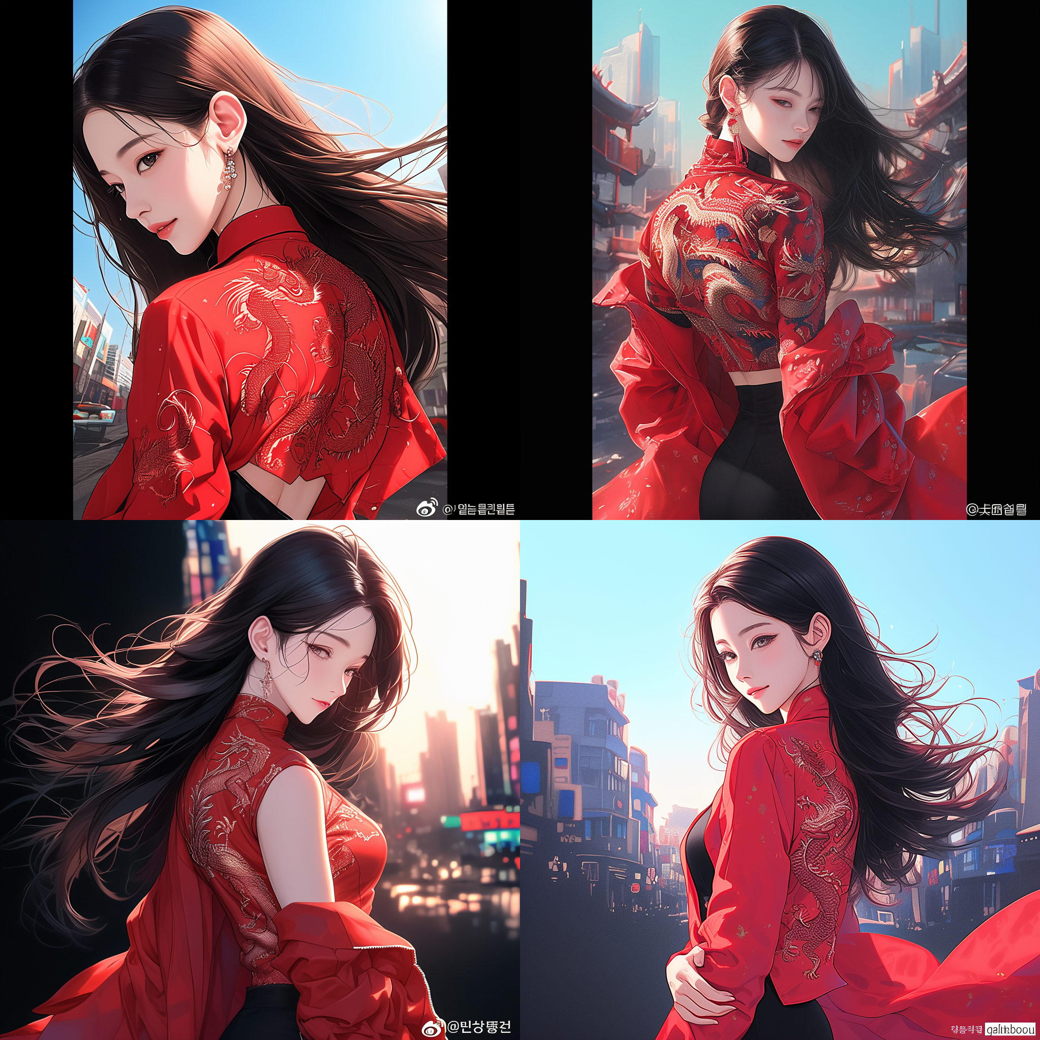 韩国女孩穿着红色夹克和红色龙图案，黑色浪漫插图风格。她站在城市街道上，背景是高楼大厦和繁忙的街道。她帅气自信地注视镜头，微笑着。32k uhd相机捕捉到细节丰富的画面，展现出龙的艺术的独特魅力。红色和黑色的对比营造出强烈的视觉冲击力，让人感受到她的个性和自信。