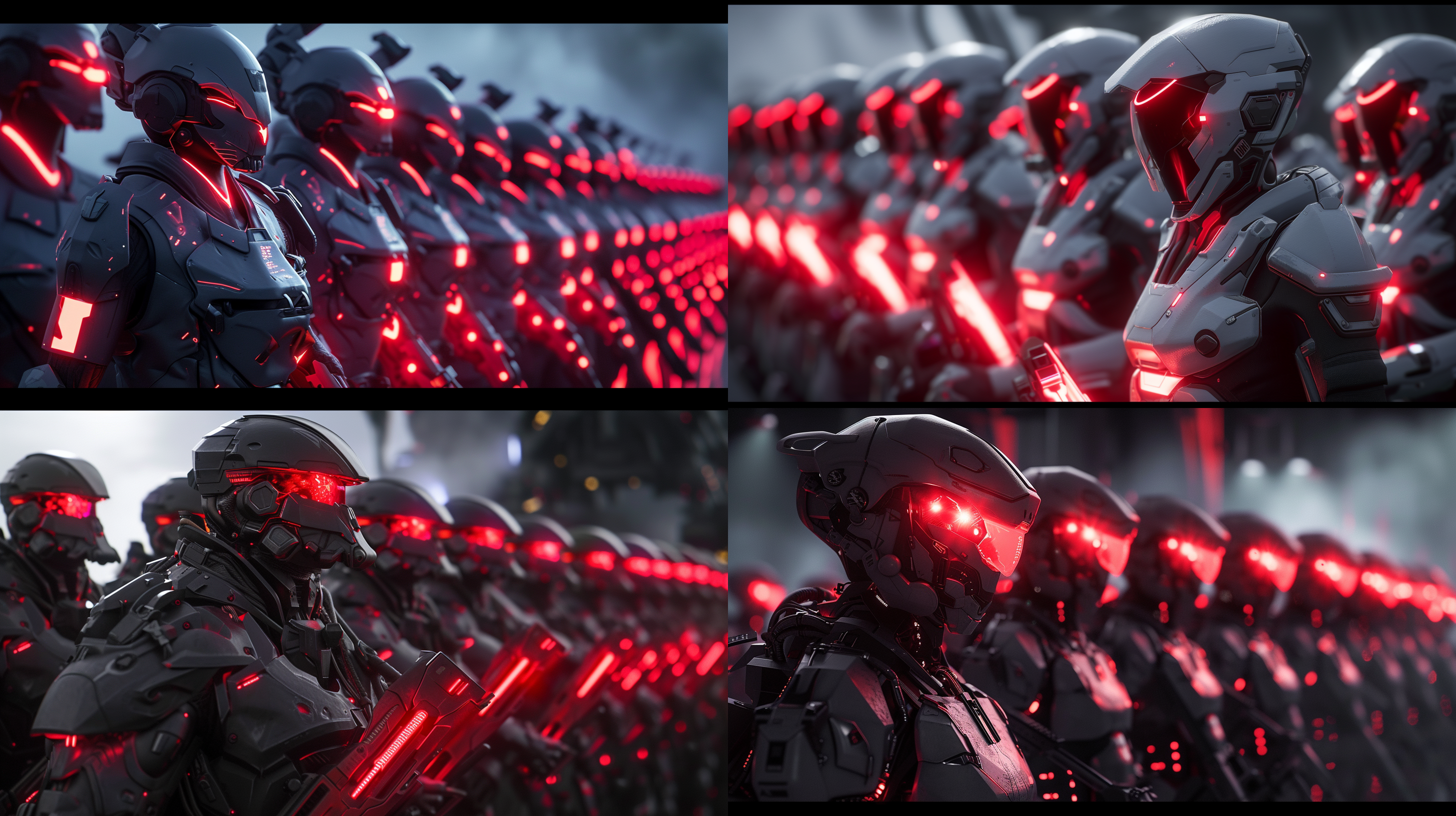 未来战士，排着列队，头戴盔甲，手拿科幻红光武器，前面战士上半身细节特写，超广角，赤红，红黑，cg渲染，虚幻引擎5，高清晰度，8k，高细节，高品质，高分辨率