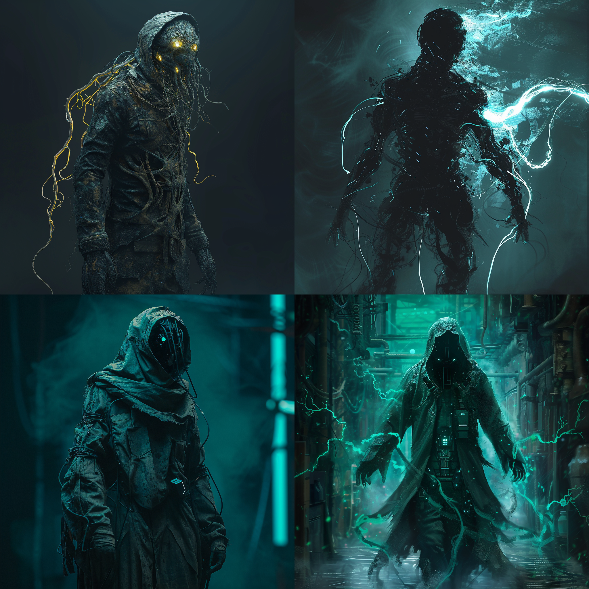 prompt. 半机械生化人，赛博朋克，克苏鲁神话，魔法世界，可怕的背景, 数码风格, 高科技环境, 暗黑色调, 镜头畸变, 冷色调, led灯光, 站立动作, 轮廓明显, 紧张。