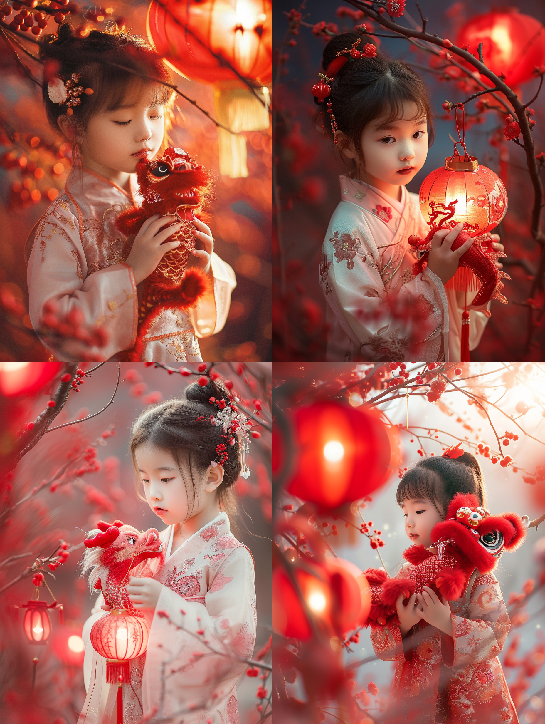 prompt.小公主手持红色可爱的毛绒中国龙，身穿华丽的汉服，柔和梦幻，红色，中国灯笼，印有龙纹，周围环绕着红色的梅花，半身照。饱满色彩，柔和光线，温暖情感，传统元素，浪漫氛围，自然肖像，童话风格。