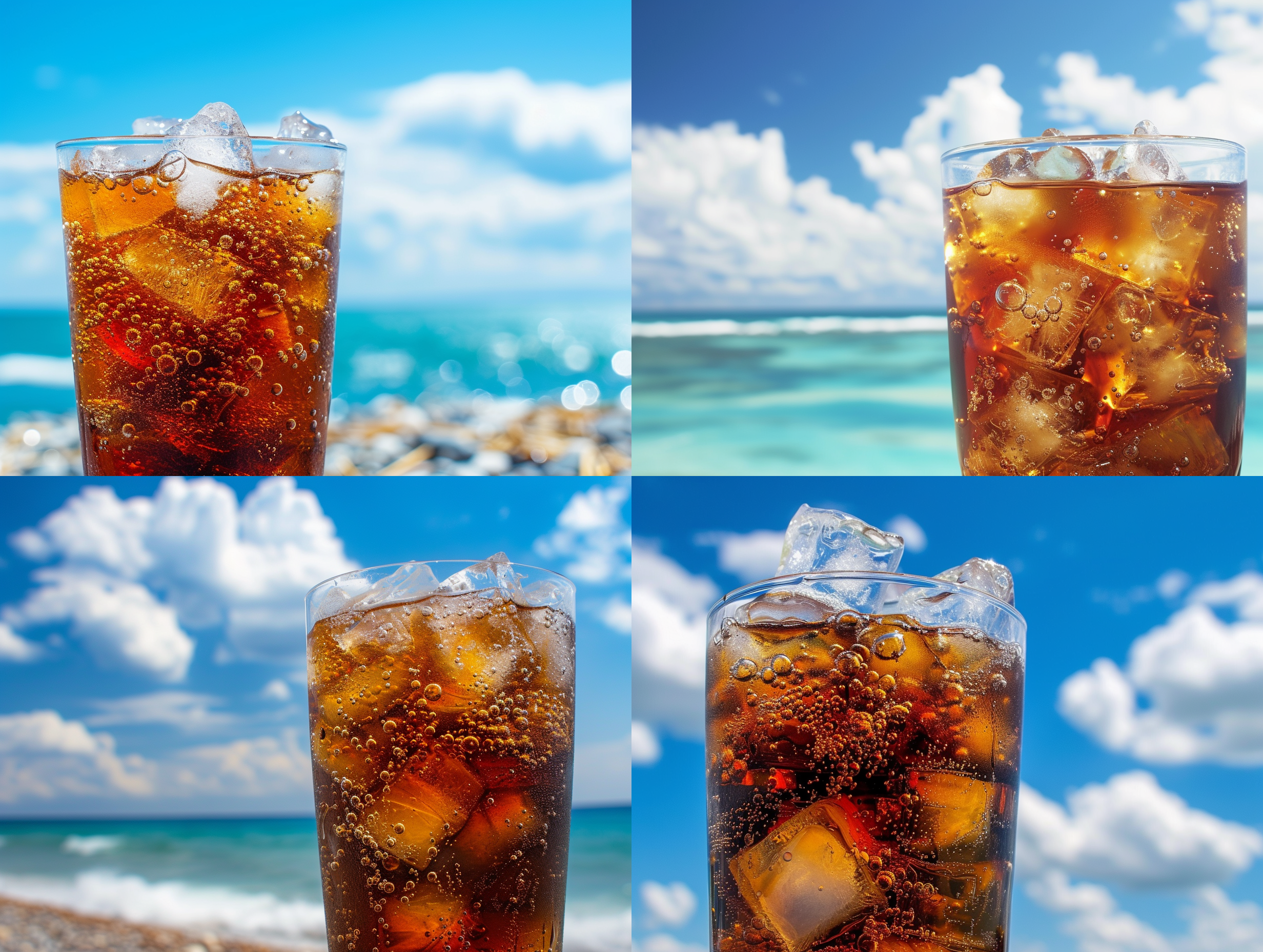一杯冰可乐在阳光下冒着气泡，背景是海滩的蓝天白云。可乐杯上有几颗冰块，透过玻璃杯可以看到冰可乐的饮料颜色。整个画面给人一种清凉、夏日的感觉。高饱和度，对比强烈，广角镜头，自然光，静态。