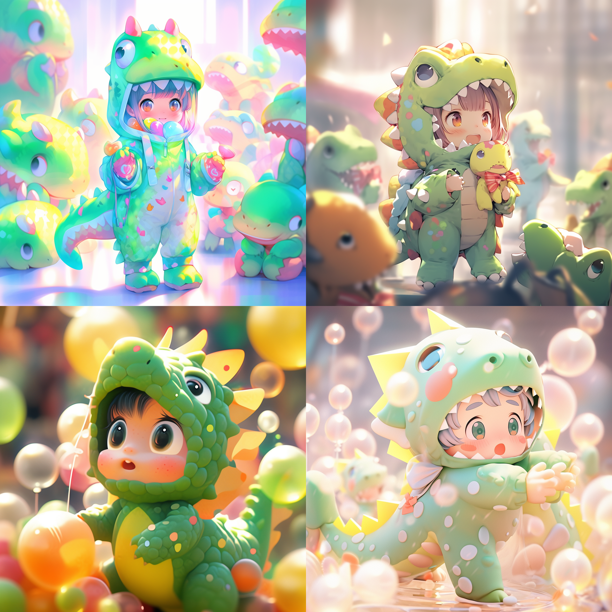 prompt. 恐龙玩偶，泡泡玛丽，全身，高清模式, 室内环境，明亮色调，微距镜头，静态姿势，童趣，欢乐。